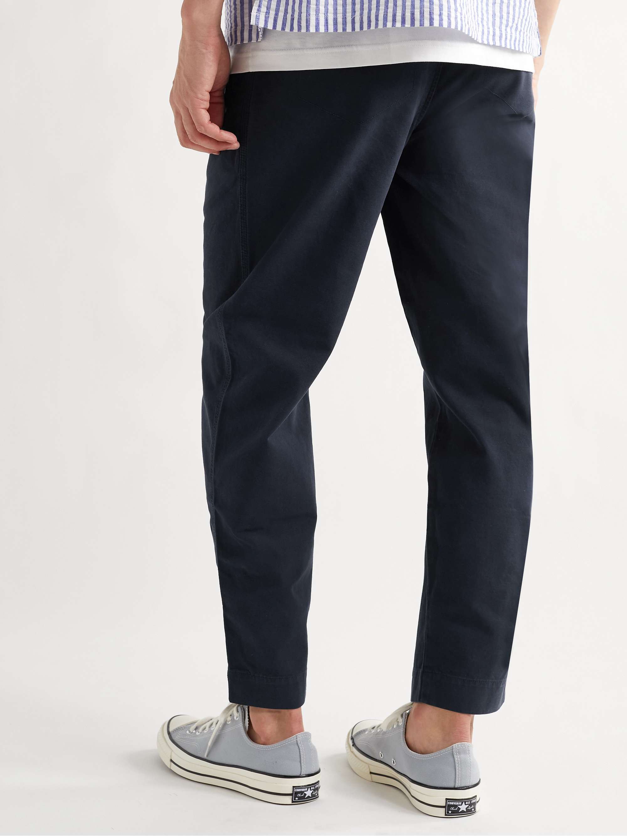 FOLK Navy Assembly Tapered Pleated Cotton-Canvas Trousers