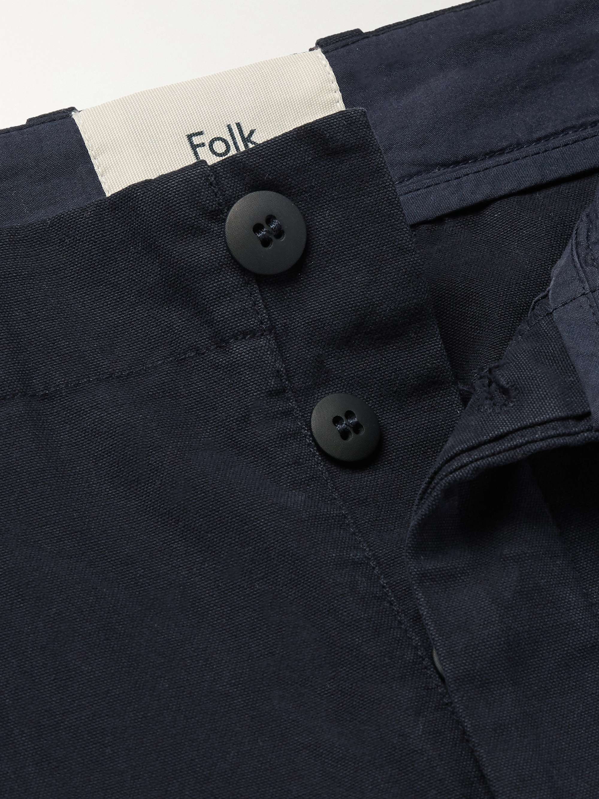 FOLK Navy Assembly Tapered Pleated Cotton-Canvas Trousers