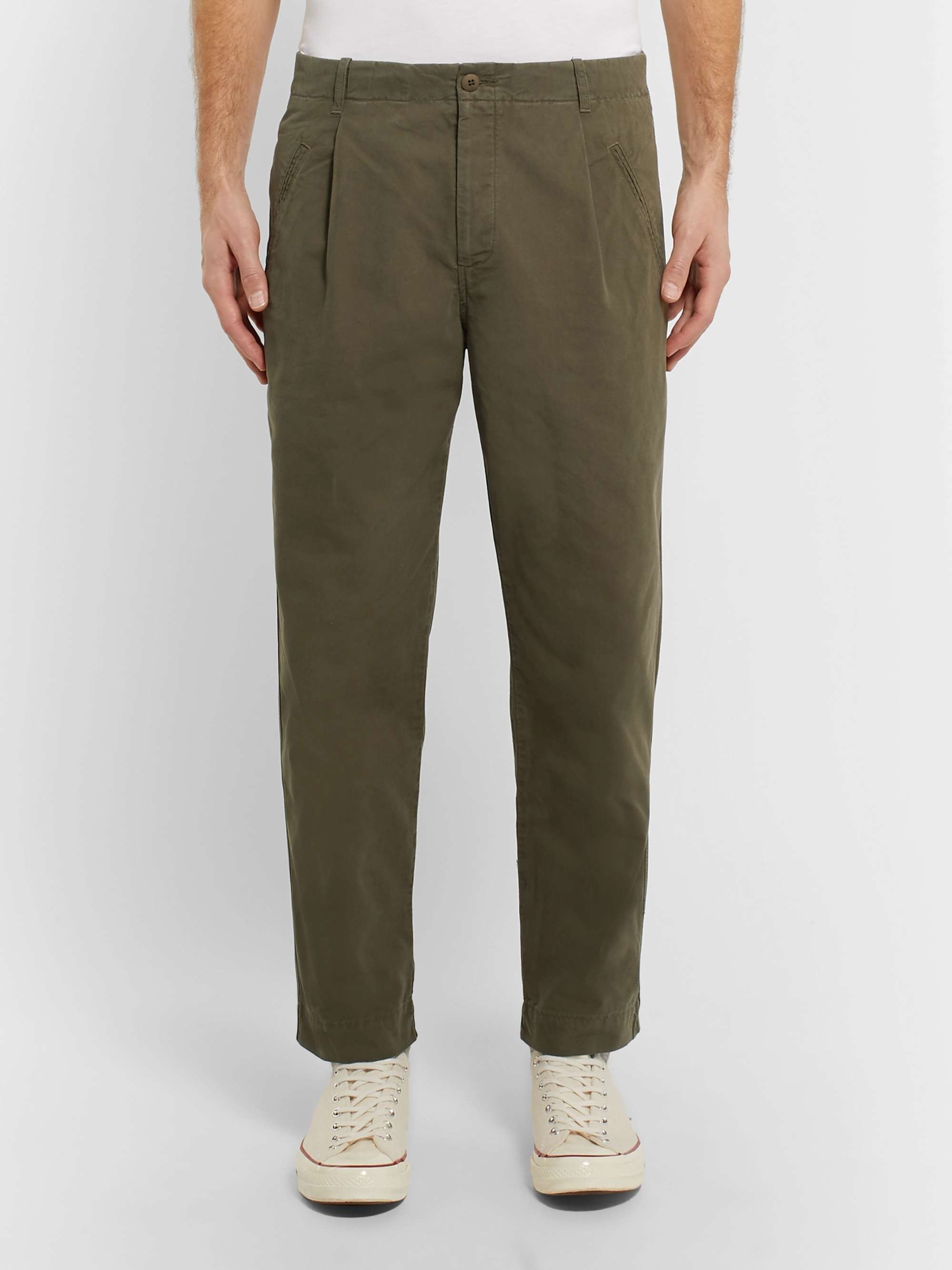 FOLK Assembly Tapered Pleated Cotton-Canvas Trousers