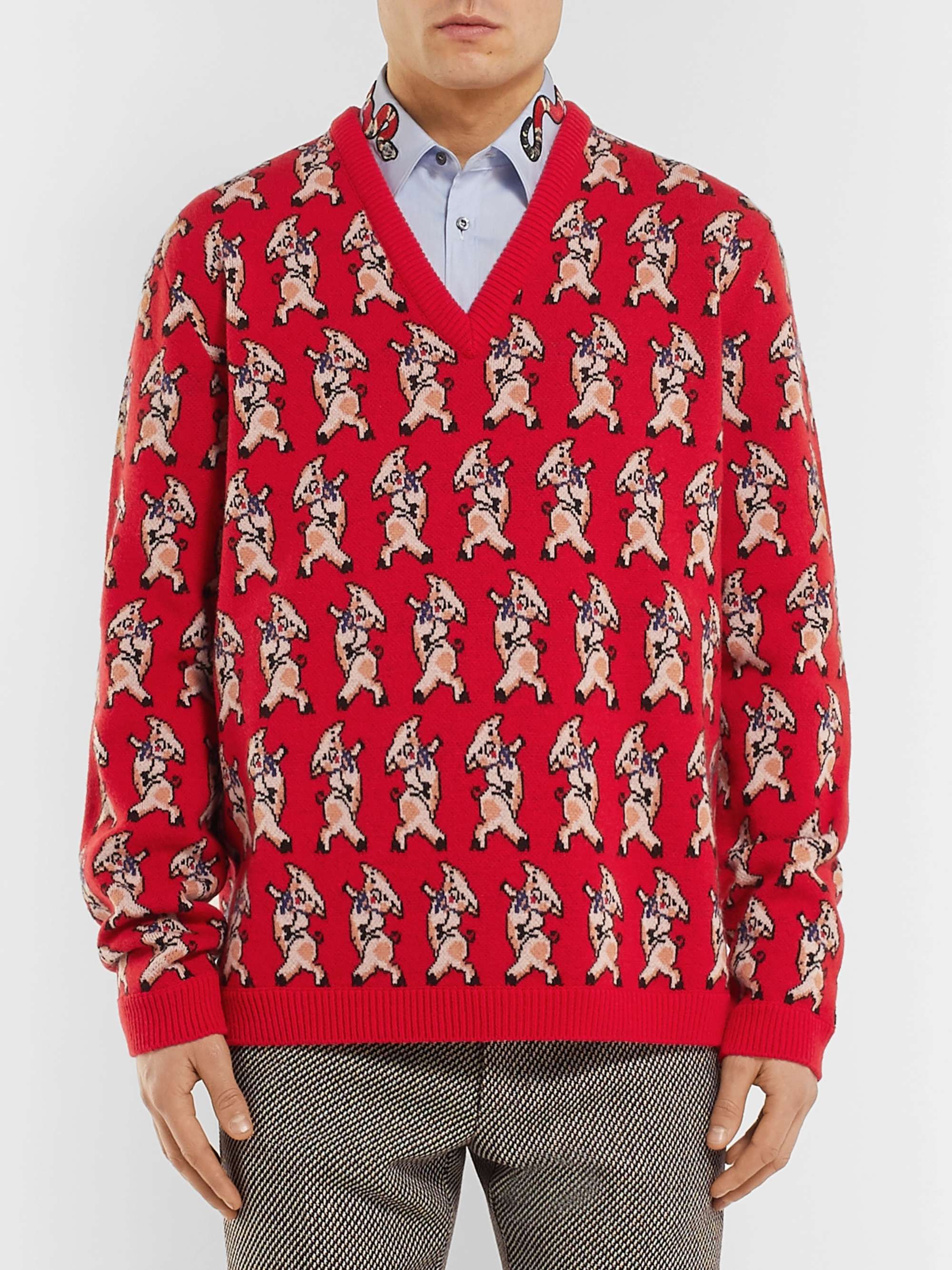 GUCCI Dancing Pig-Intarsia Wool Sweater