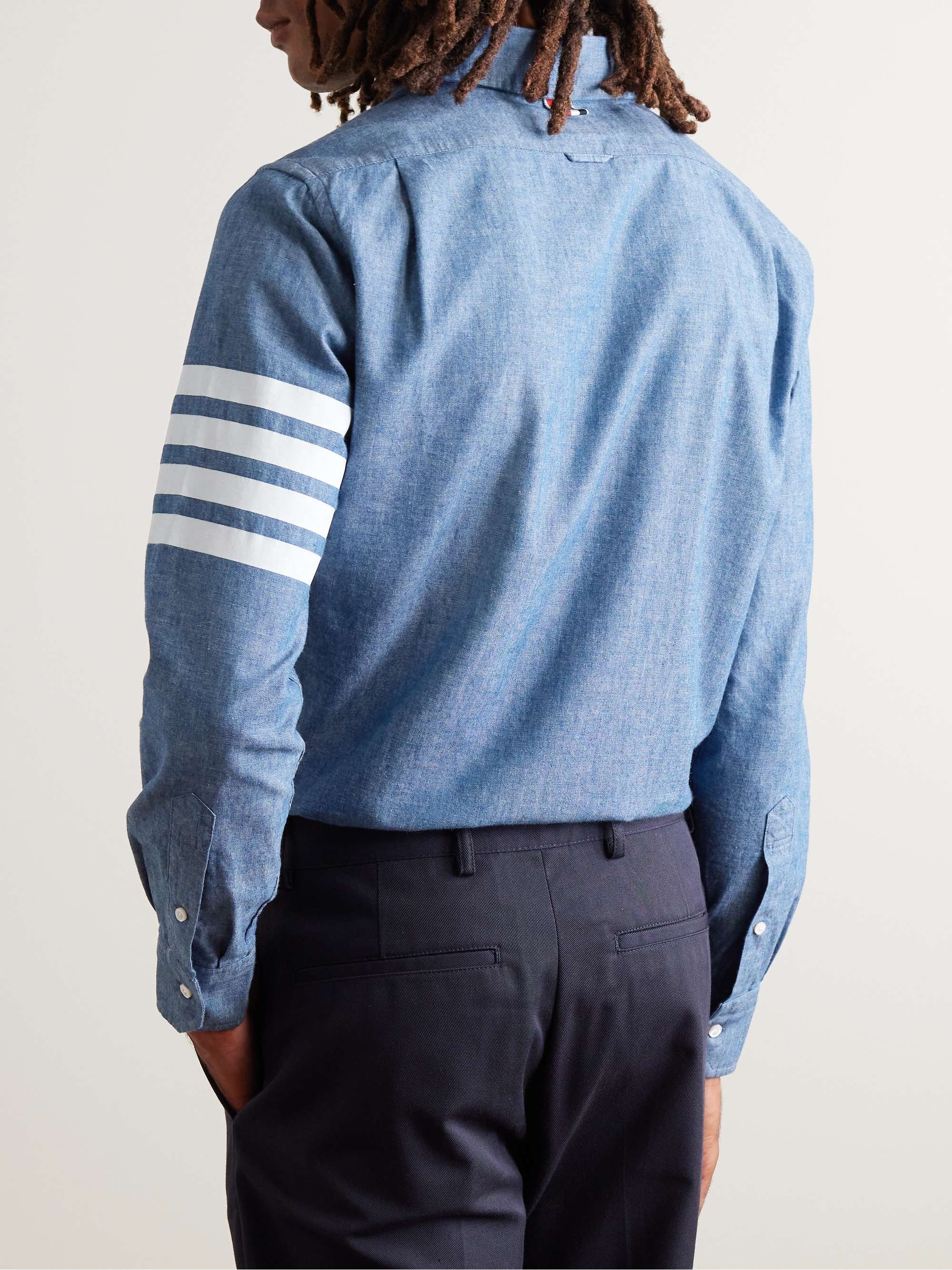 THOM BROWNE Button-Down Collar Striped Cotton-Chambray Shirt
