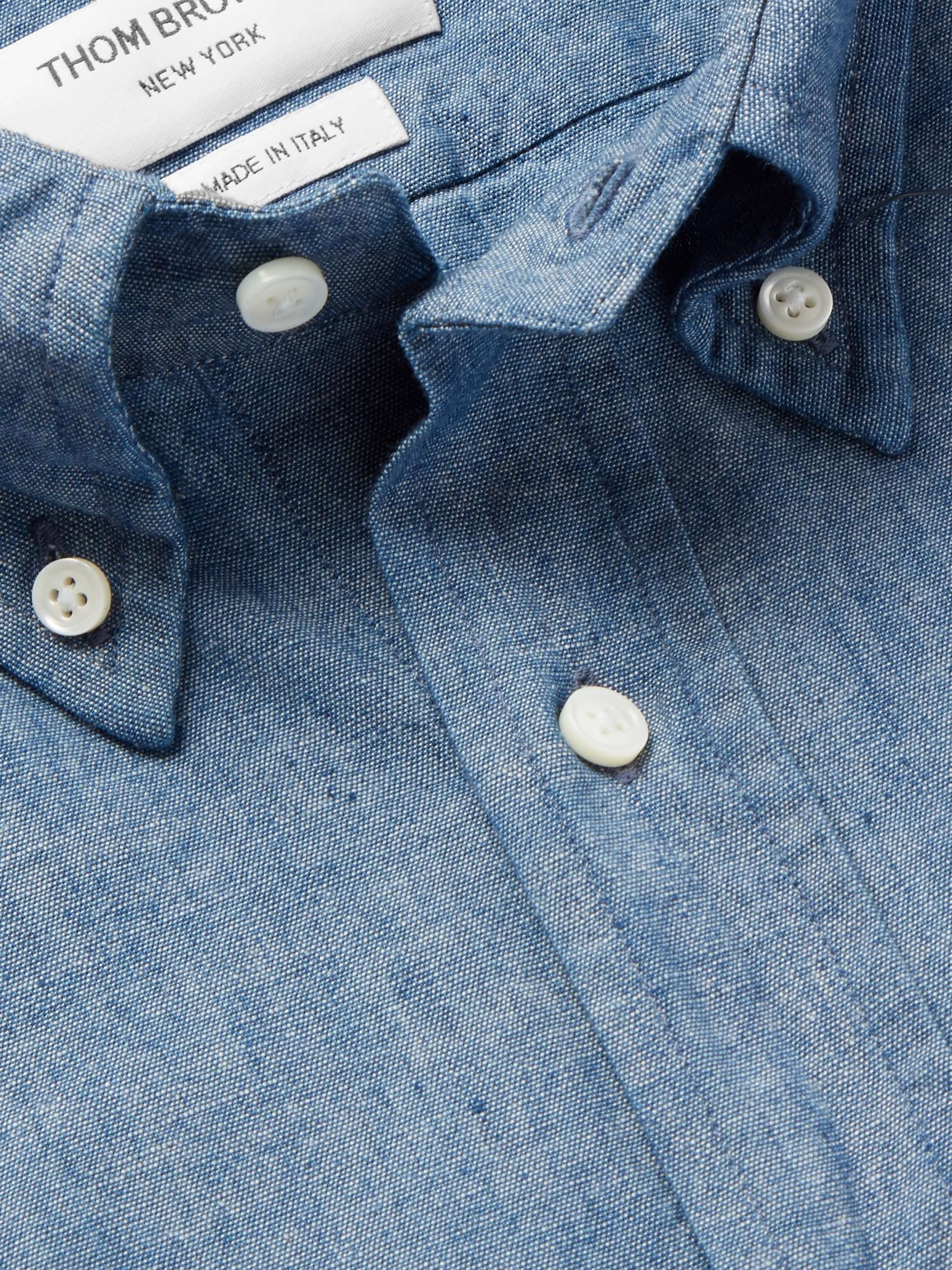 THOM BROWNE Button-Down Collar Striped Cotton-Chambray Shirt