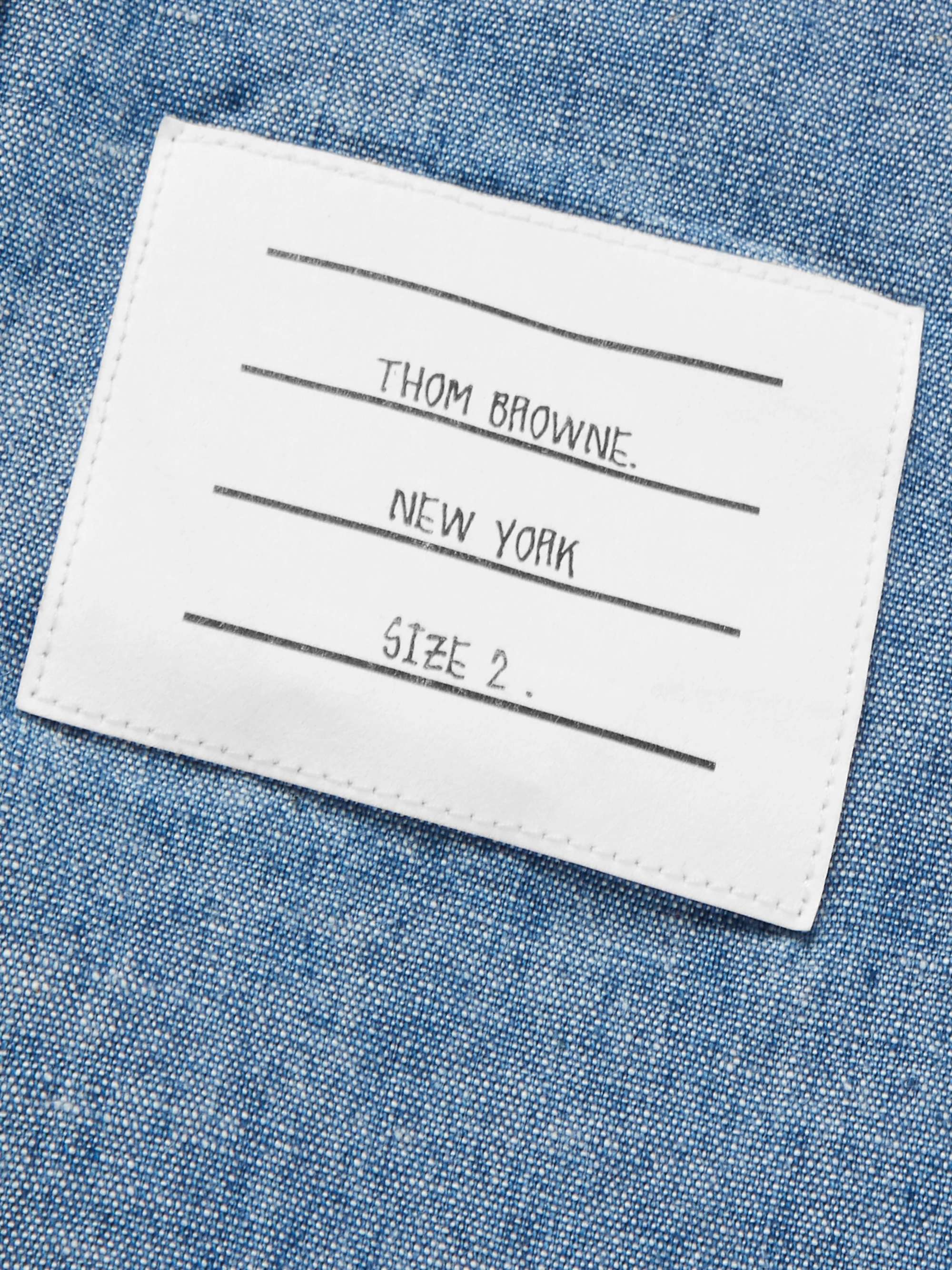THOM BROWNE Button-Down Collar Striped Cotton-Chambray Shirt