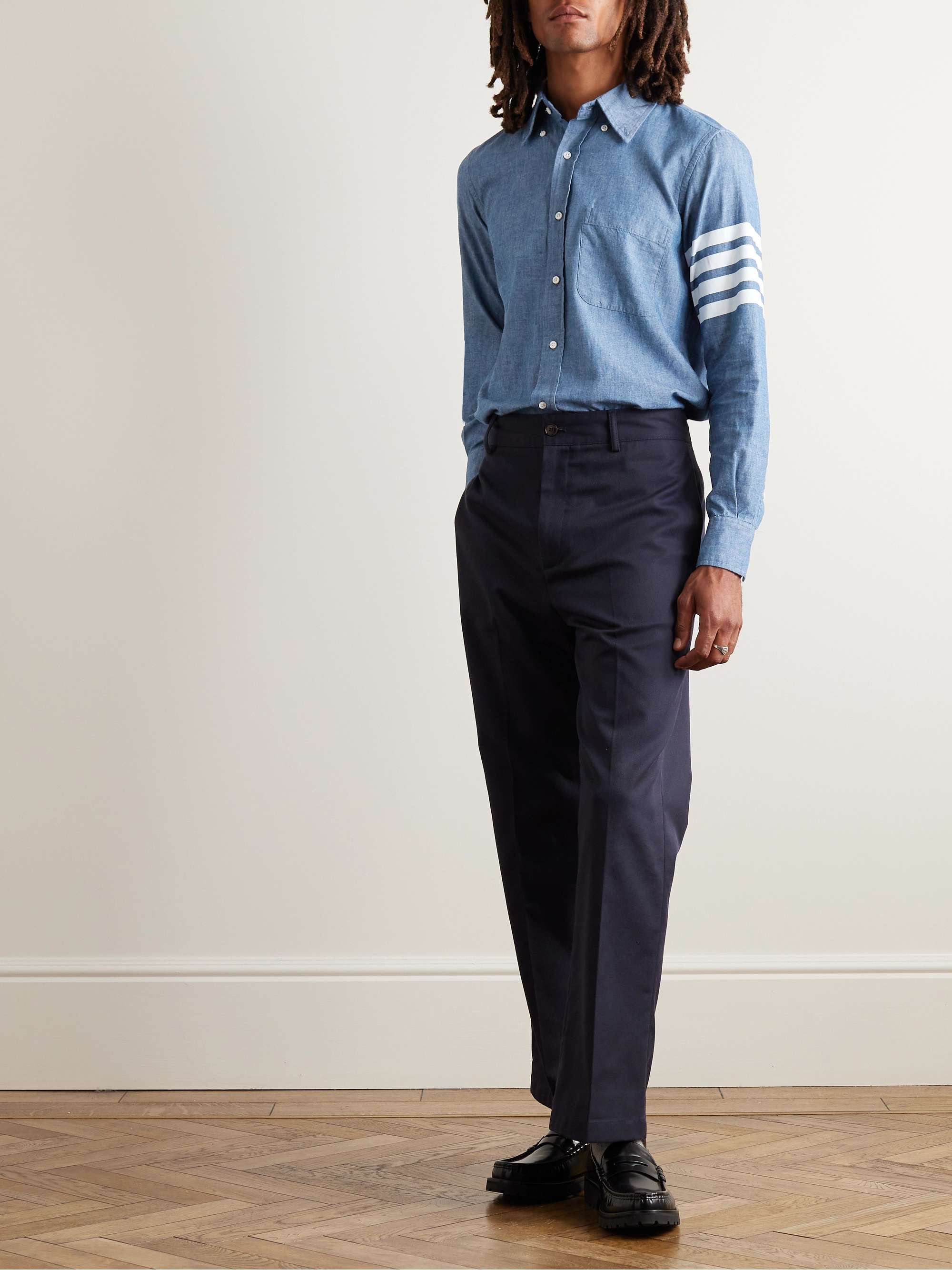 THOM BROWNE Button-Down Collar Striped Cotton-Chambray Shirt