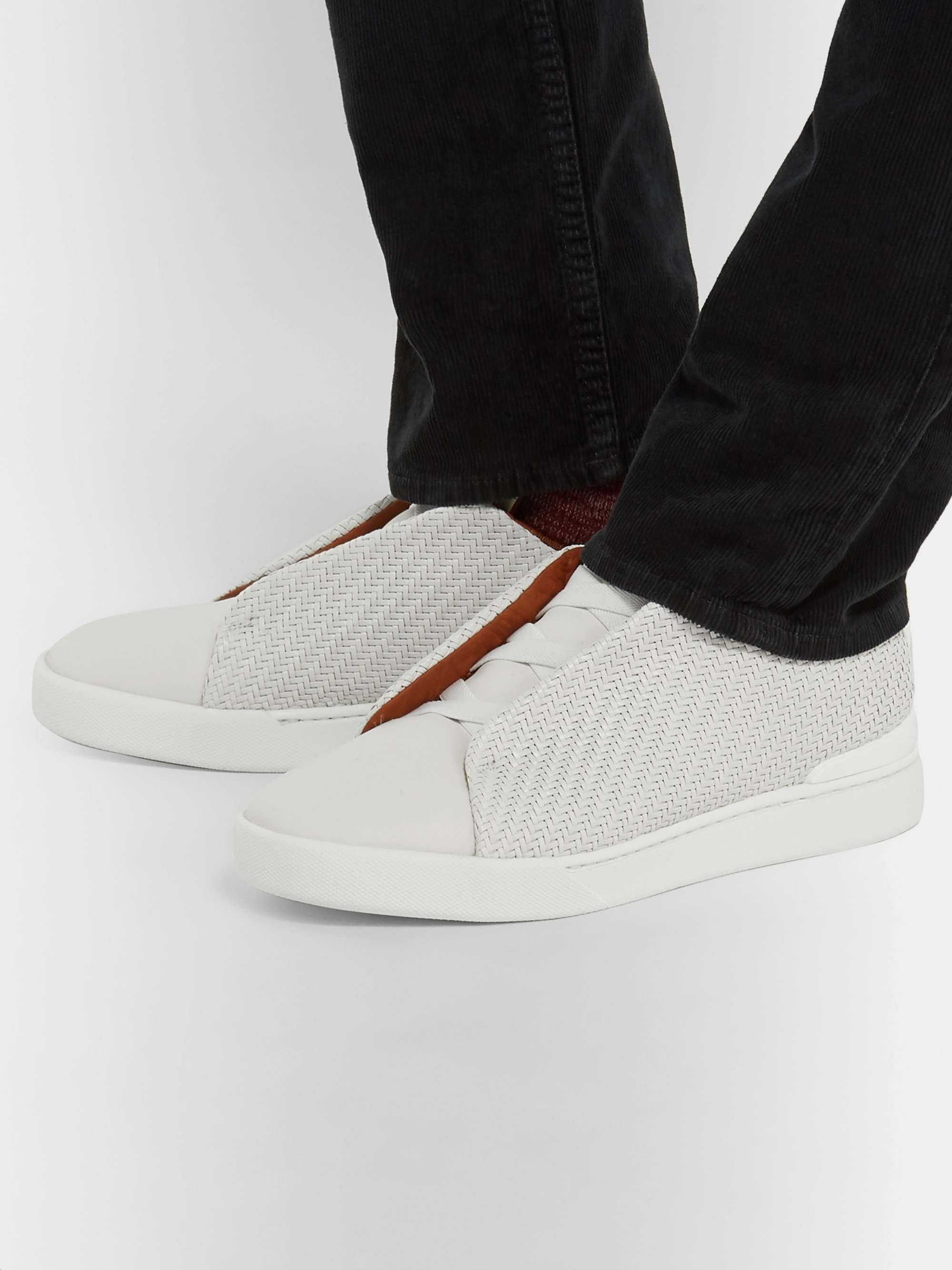 ZEGNA Triple Stitch PelleTessuta Leather Slip-On Sneakers