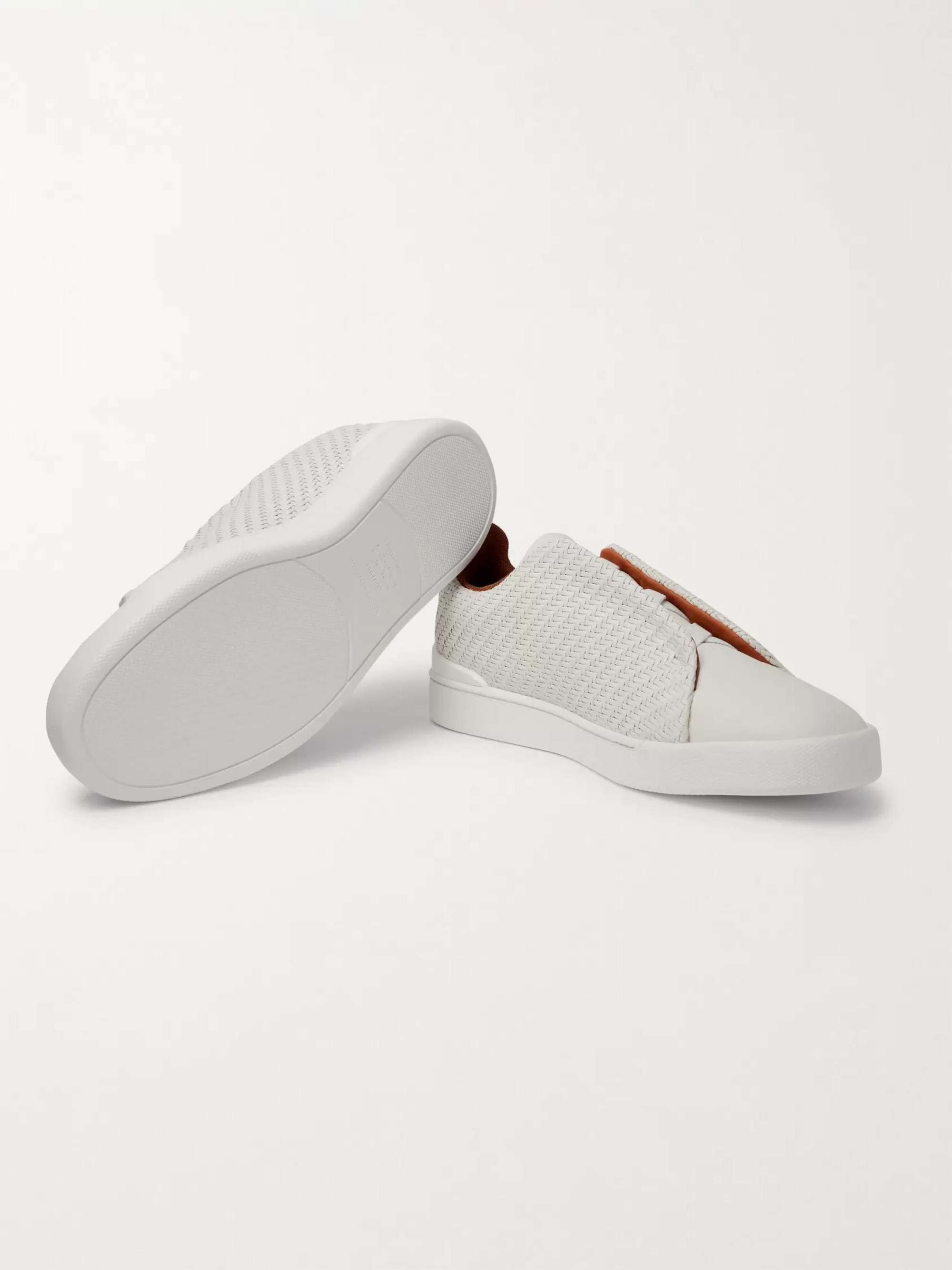 ZEGNA Triple Stitch PelleTessuta Leather Slip-On Sneakers