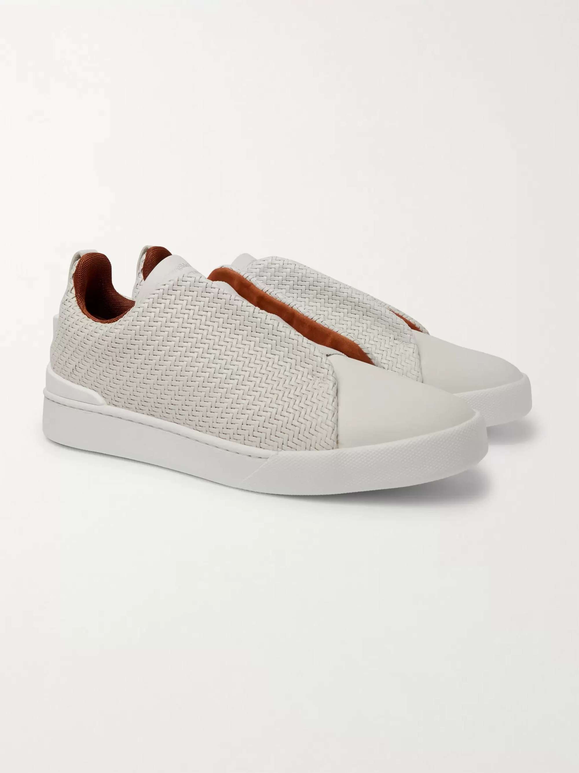 ZEGNA Triple Stitch PelleTessuta Leather Slip-On Sneakers
