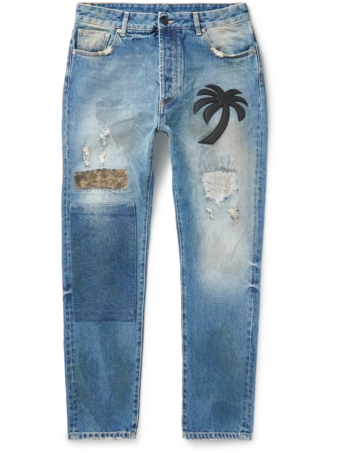 Palm Angels Curved Palm Tree Regular Denim Pants In Blue