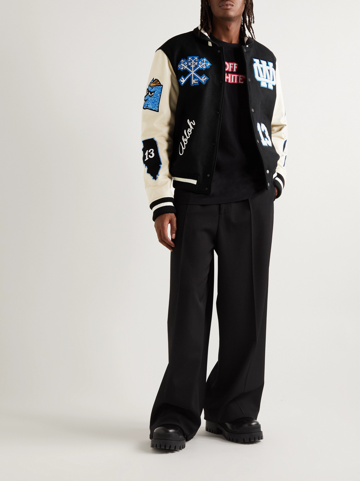 Shop Off-white Appliquéd Wool-blend Felt And Leather Varsity Bomber Jacket In Black