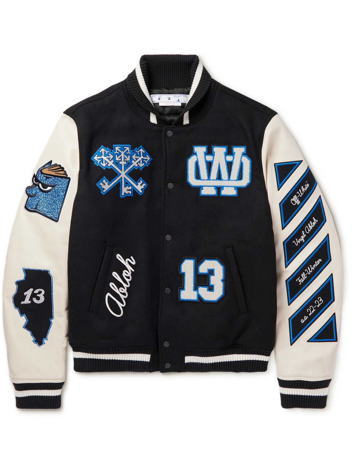 Shop Off-white Appliquéd Wool-blend Felt And Leather Varsity Bomber Jacket In Black