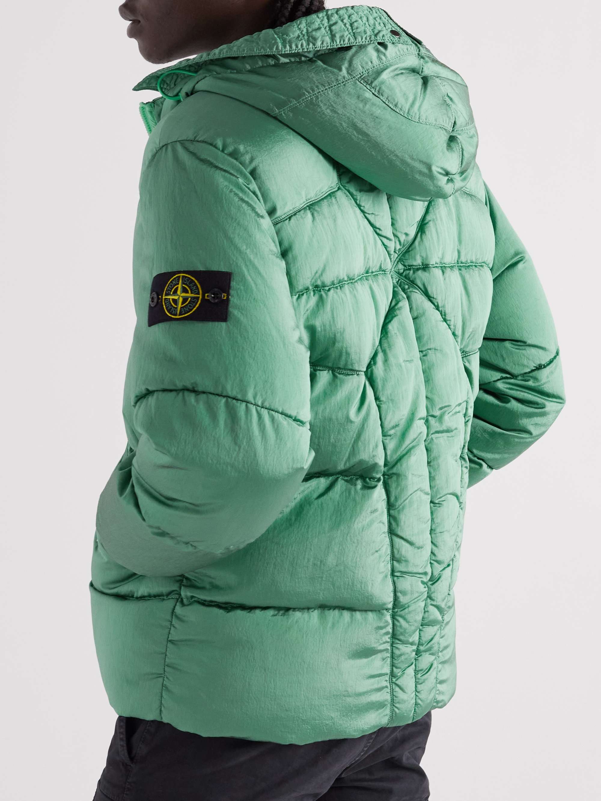 STONE ISLAND Logo-Appliquéd Quilted Crinkled-Shell Hooded Down Jacket