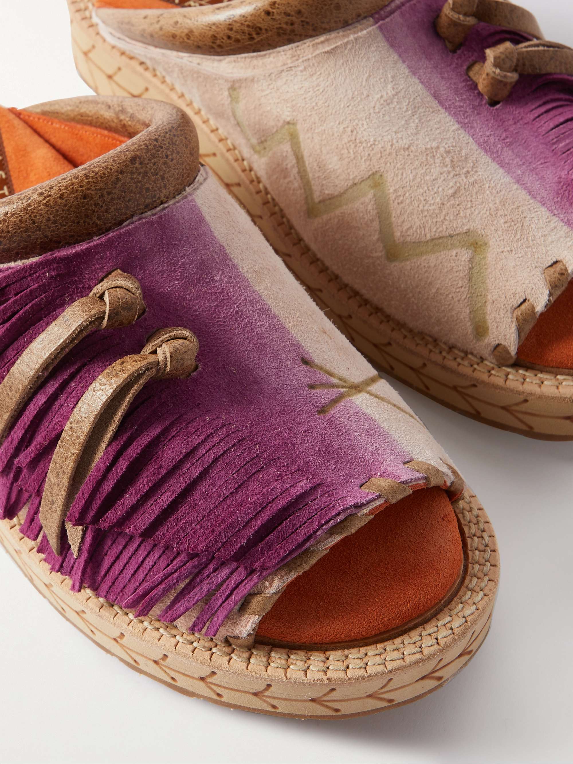 KAPITAL Fringed Printed Suede Sandals