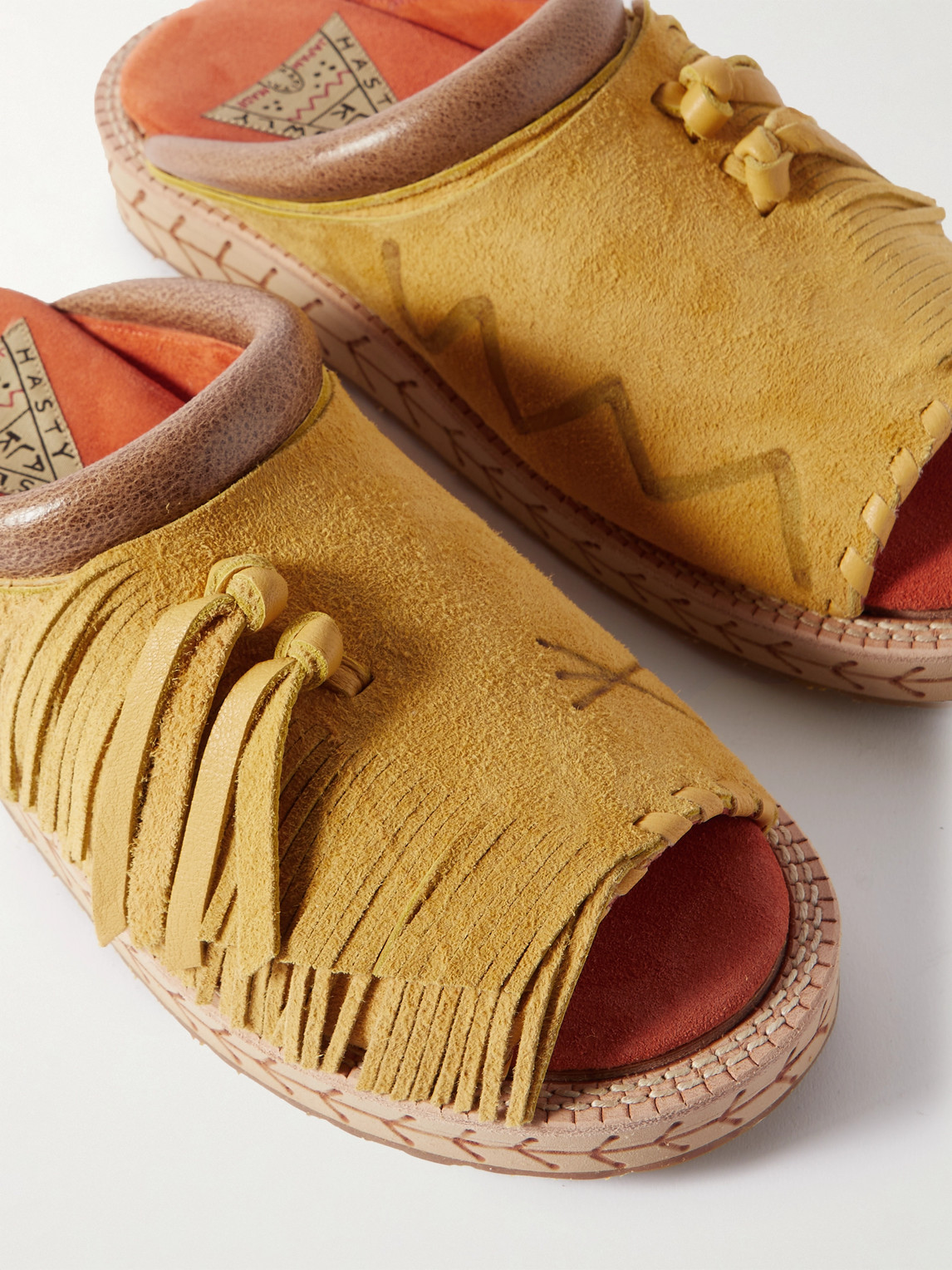 Shop Kapital Fringed Leather-trimmed Suede Sandals In Yellow