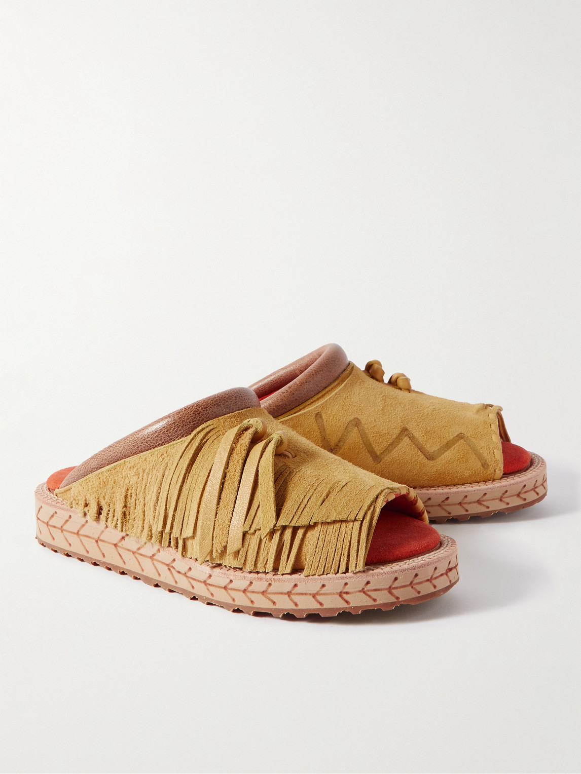 Shop Kapital Fringed Leather-trimmed Suede Sandals In Yellow