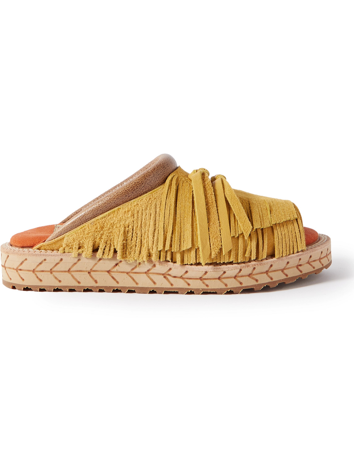 Fringed Leather-Trimmed Suede Sandals