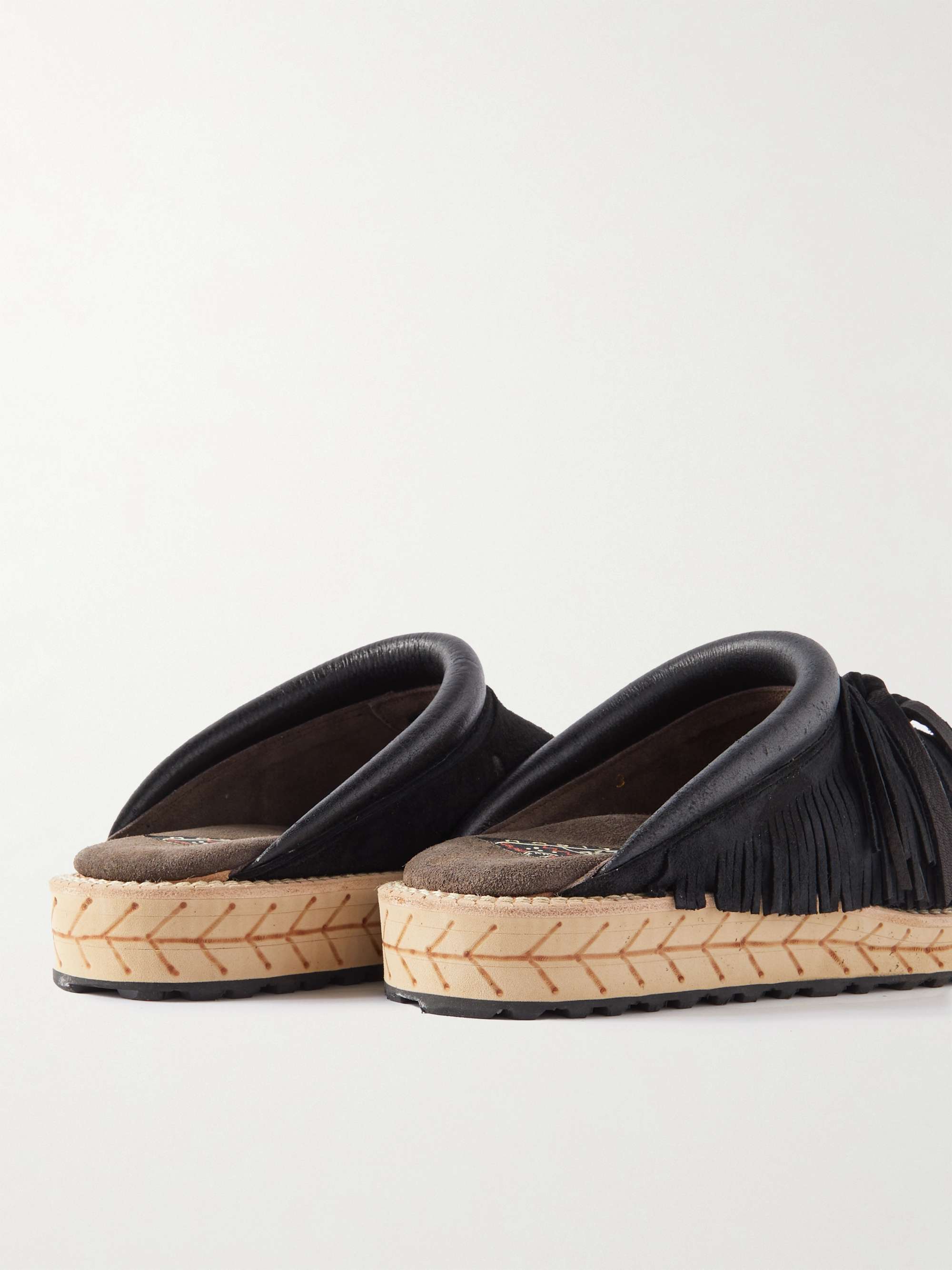 KAPITAL Fringed Leather-Trimmed Suede Sandals