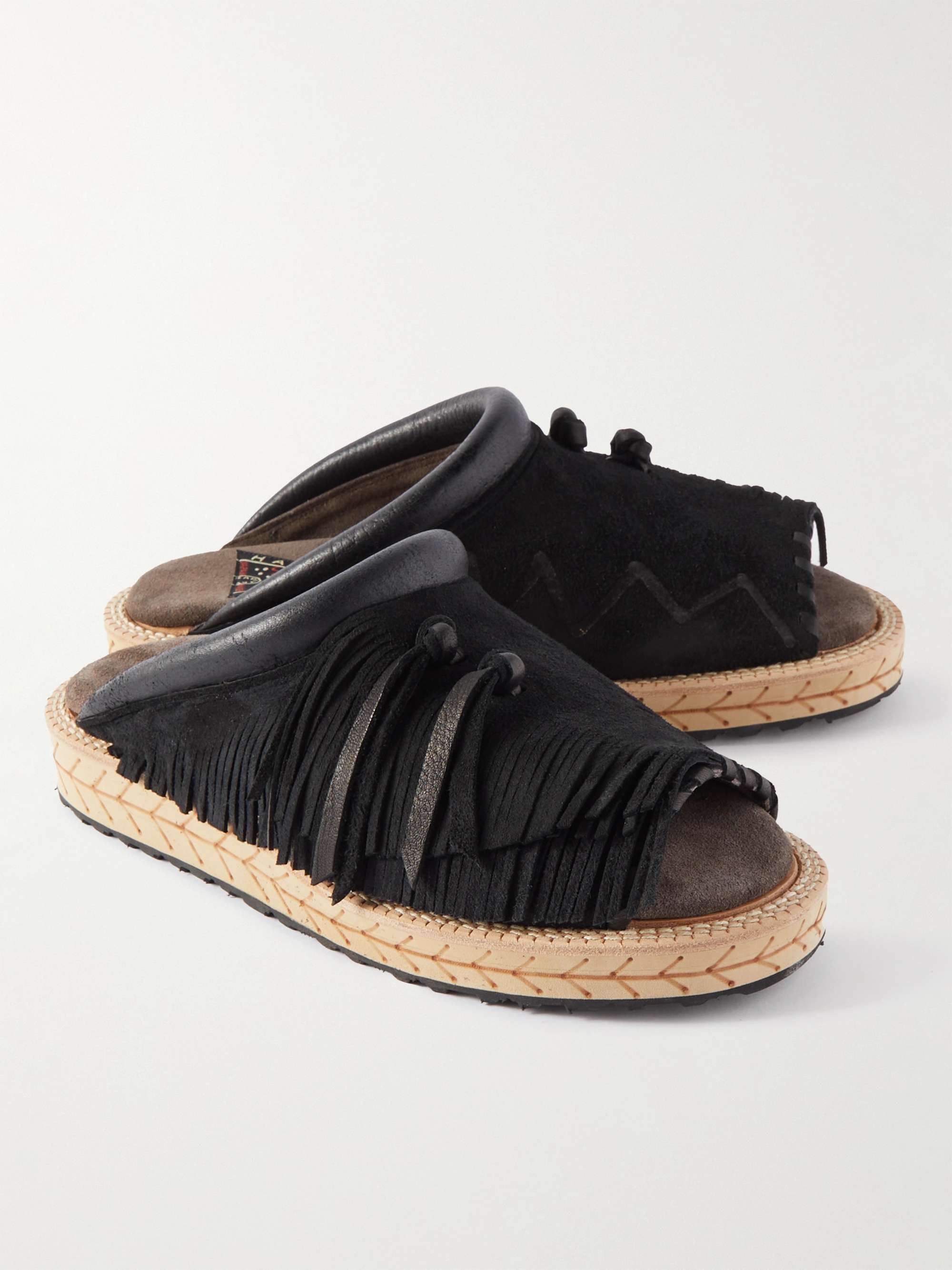 KAPITAL Fringed Leather-Trimmed Suede Sandals