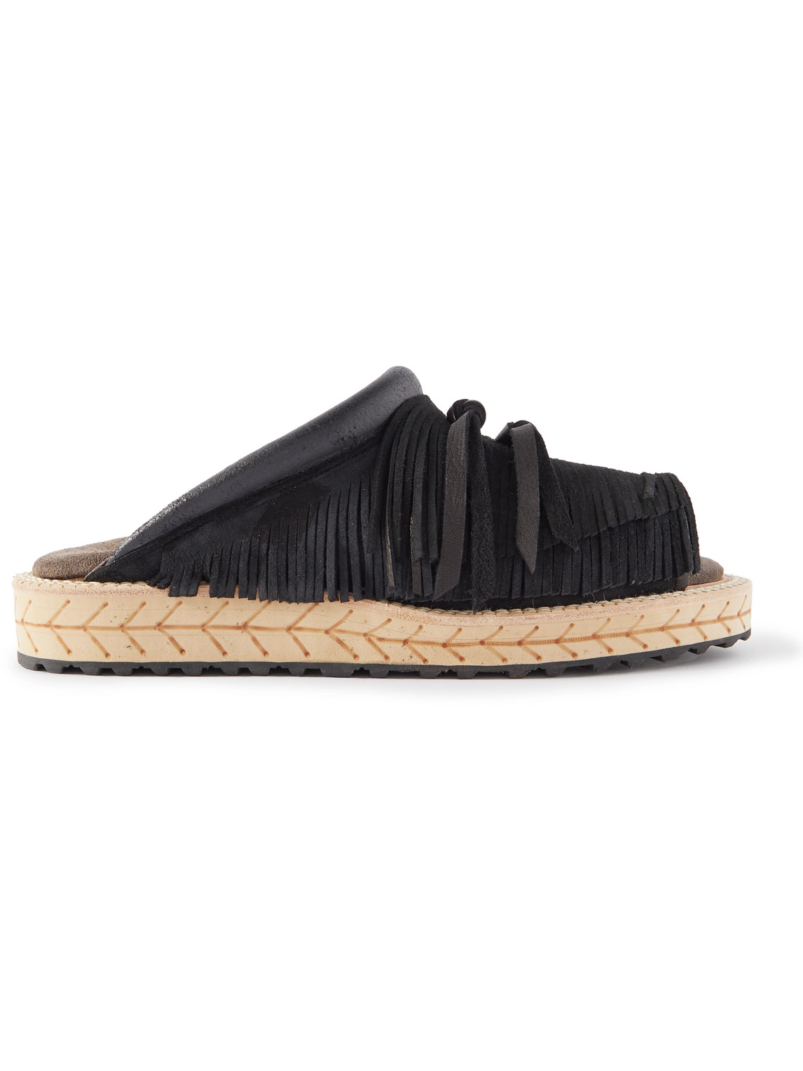 Fringed Leather-Trimmed Suede Sandals