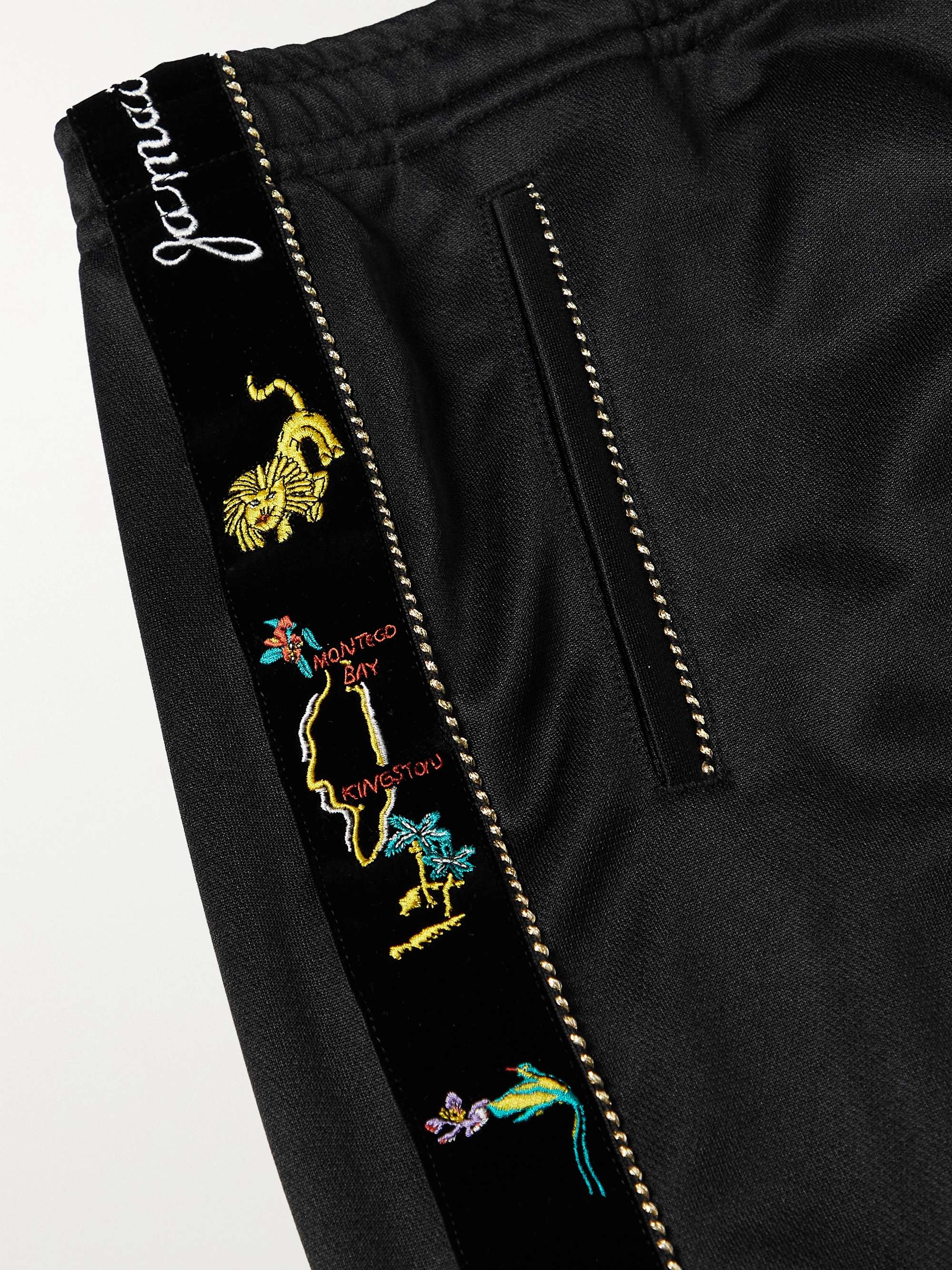 KAPITAL Wide-Leg Embroidered Velvet-Trimmed Tech-Jersey Track Pants