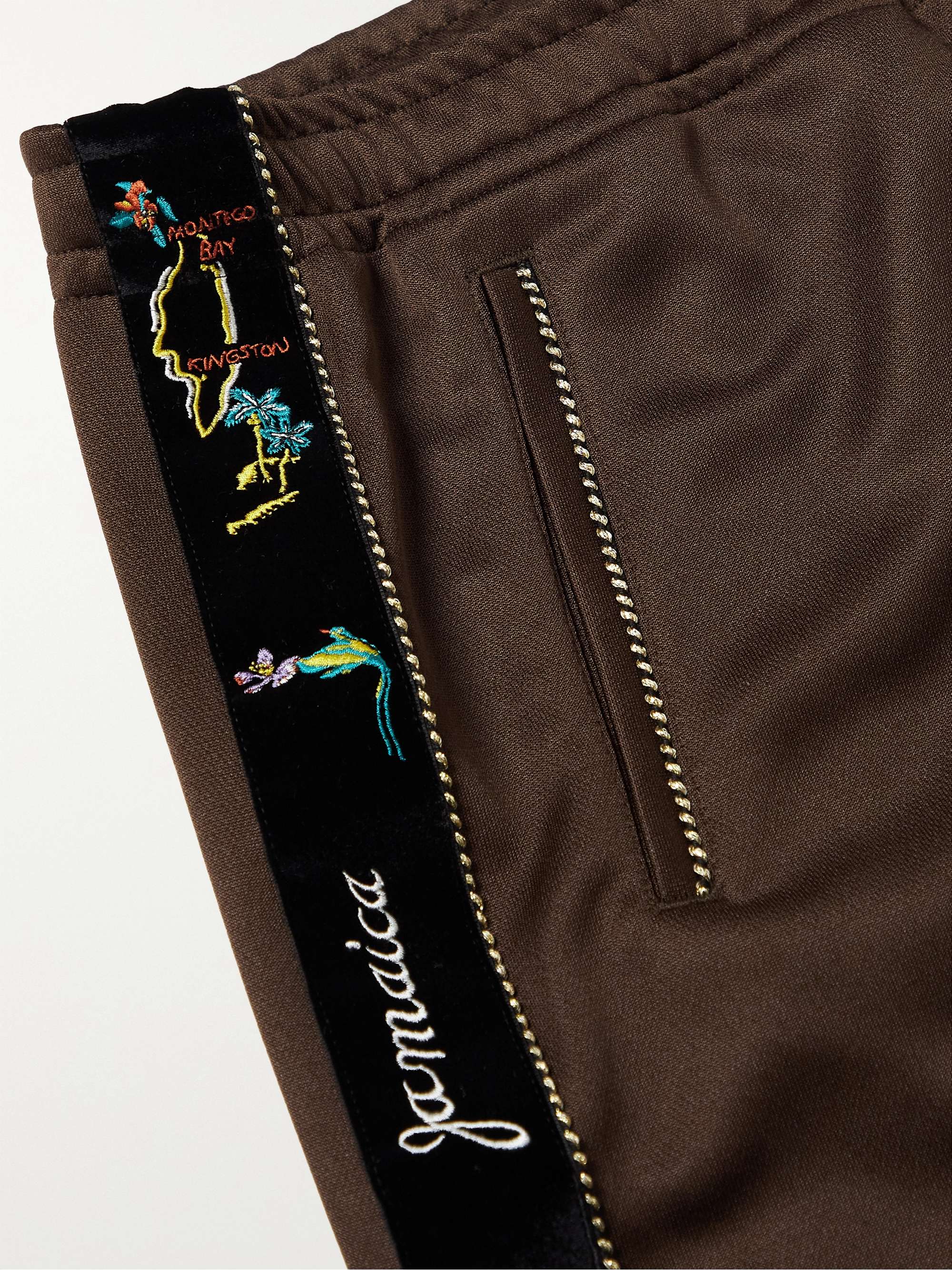 KAPITAL Wide-Leg Embroidered Velvet-Trimmed Tech-Jersey Track Pants