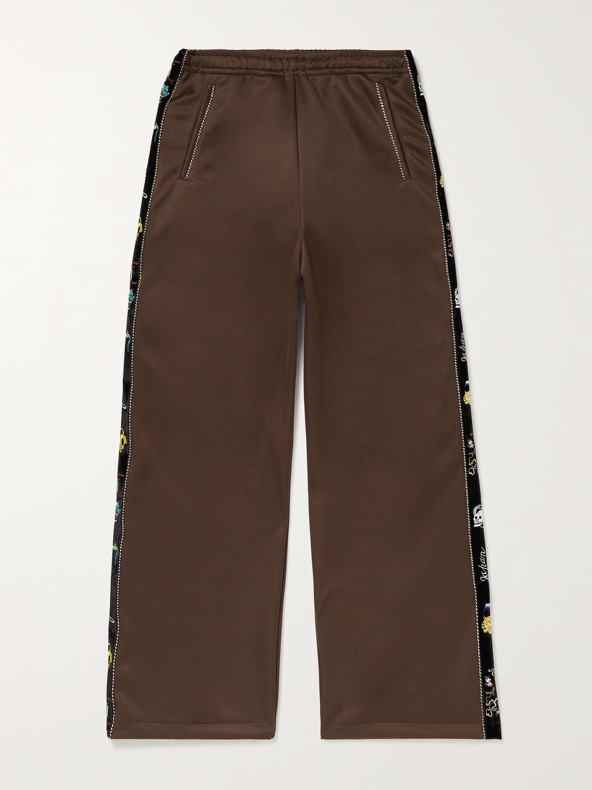KAPITAL Wide-Leg Embroidered Velvet-Trimmed Tech-Jersey Track Pants