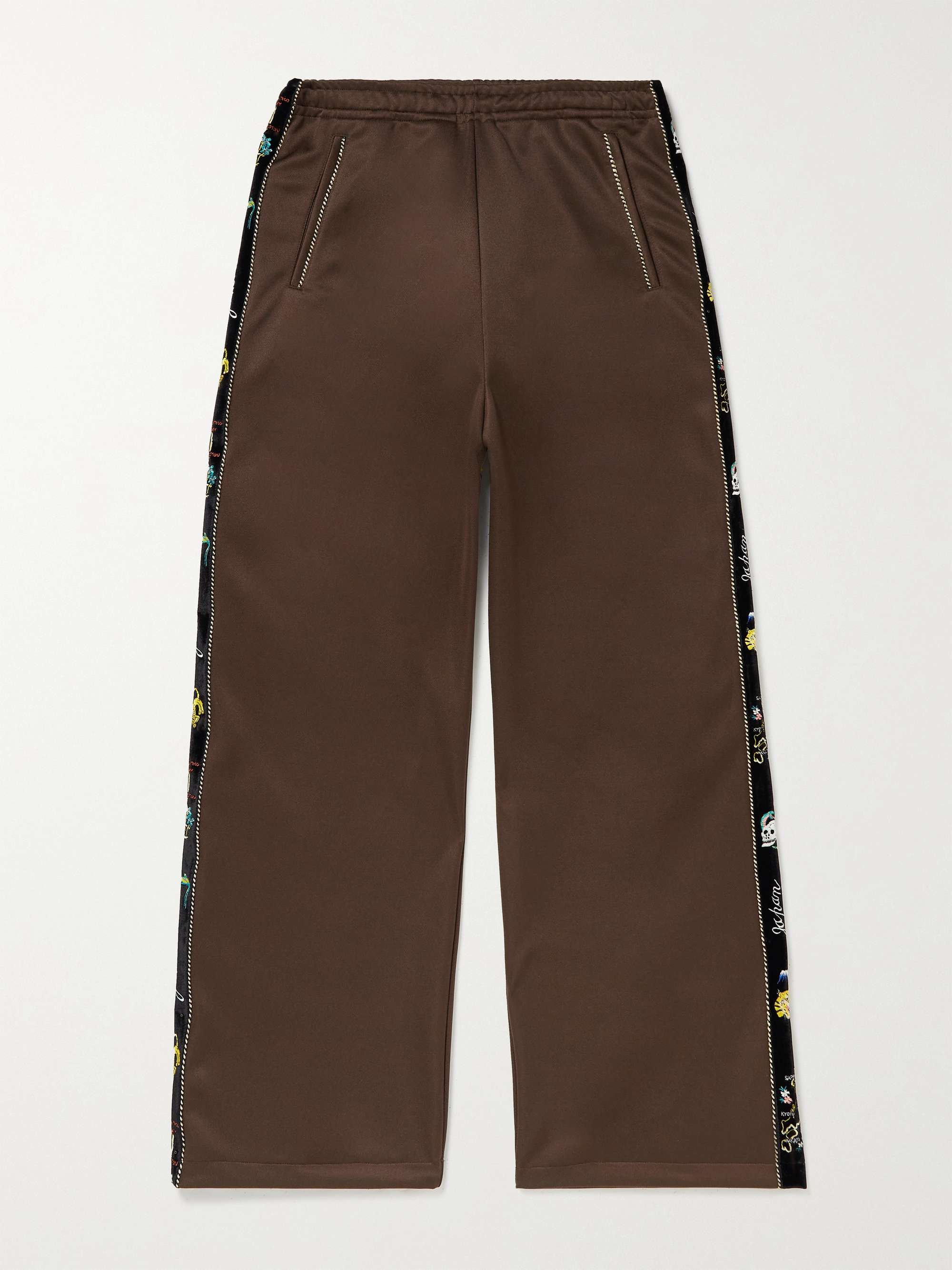 KAPITAL Wide Leg Embroidered Velvet Trimmed Tech Jersey Track