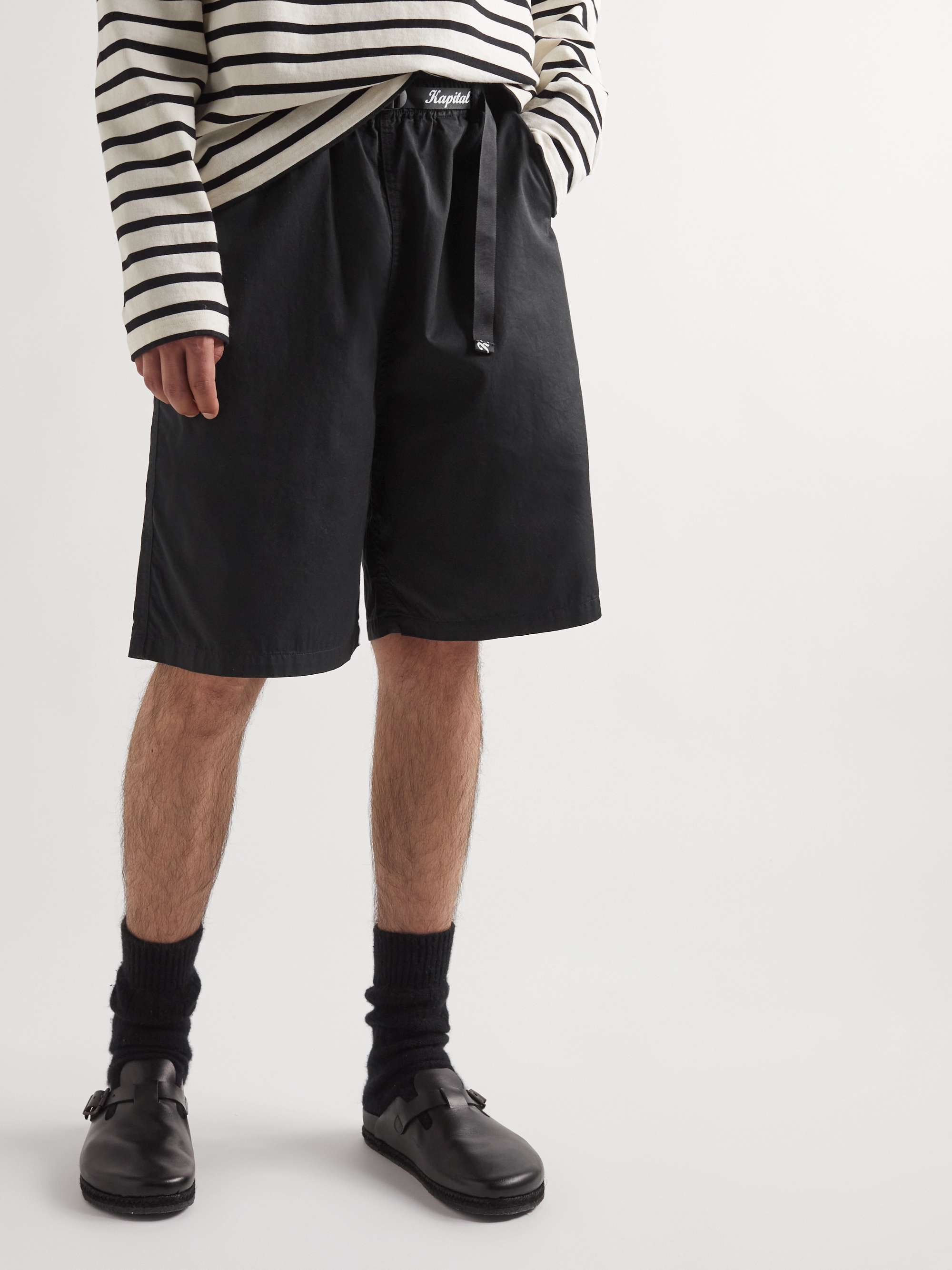 KAPITAL Wide-Leg Belted Logo-Print Cotton-Twill Bermuda Shorts