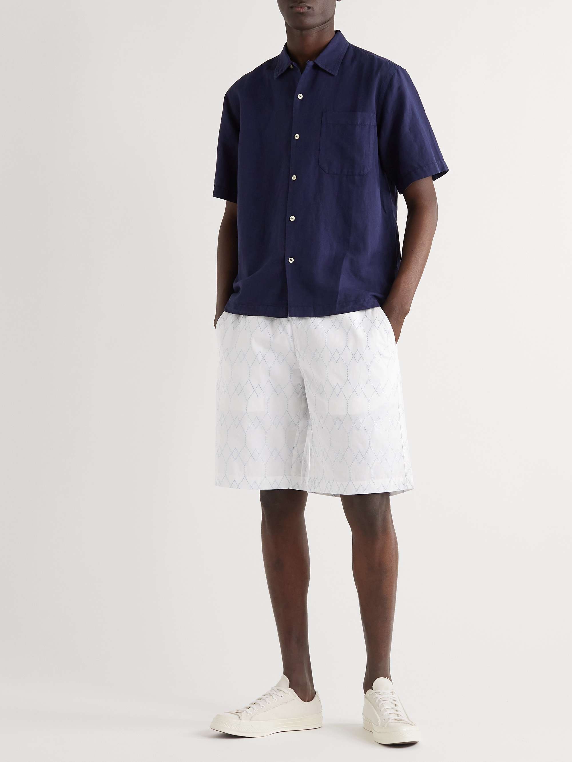 UNIVERSAL WORKS Straight-Leg Long-Length Logo-Embroidered Cotton-Twill Shorts