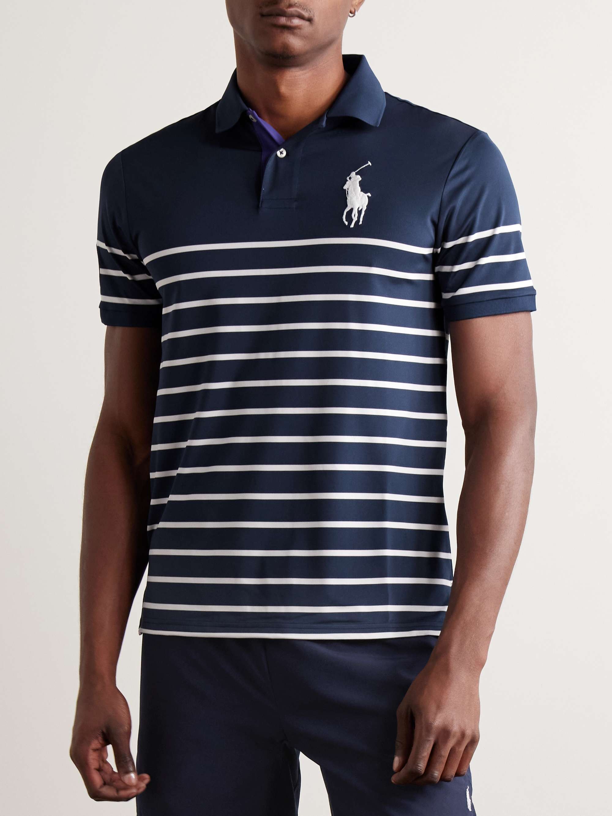 POLO RALPH LAUREN Wimbledon Logo-Embroidered Appliquéd Striped Stretch-Jersey Polo Shirt