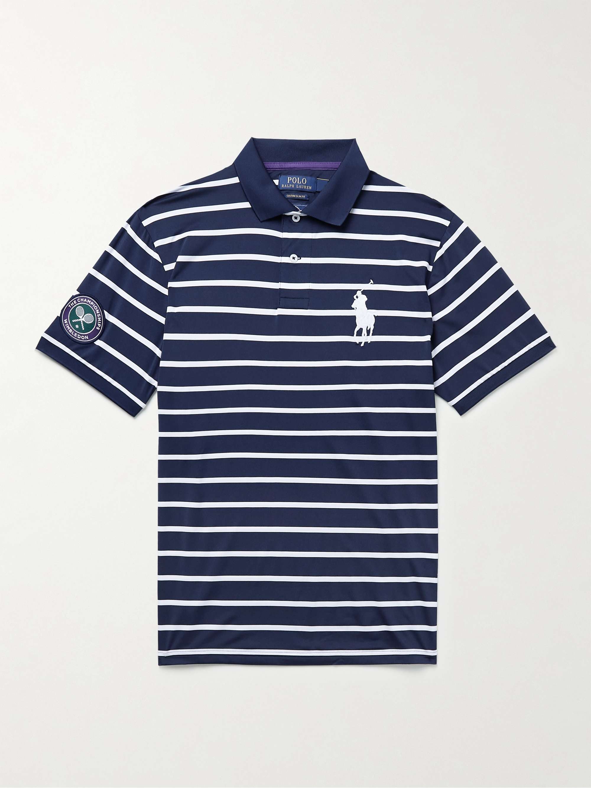 Wimbledon Logo-Embroidered Appliquéd Striped Stretch-Jersey Polo Shirt