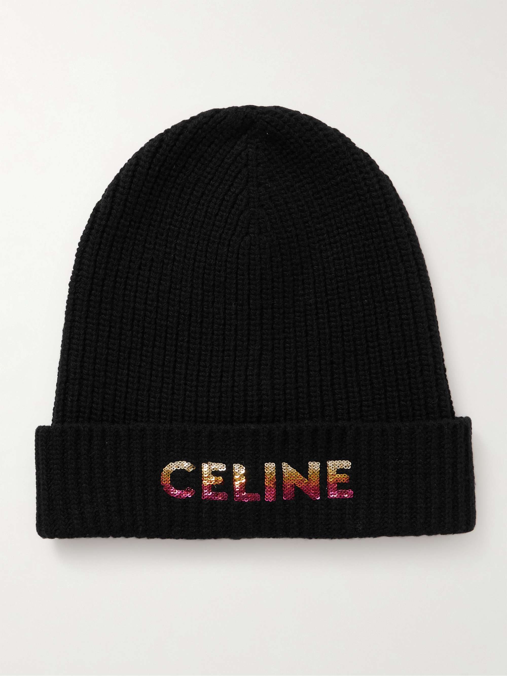 Celine Homme Logo-embellished Ribbed Wool Beanie - Men - Black Hats