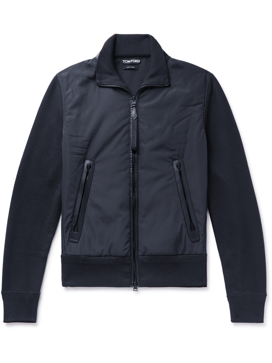 Tom Ford Panelled Ribbed Wool And Shell Zip-up Cardigan In Blue