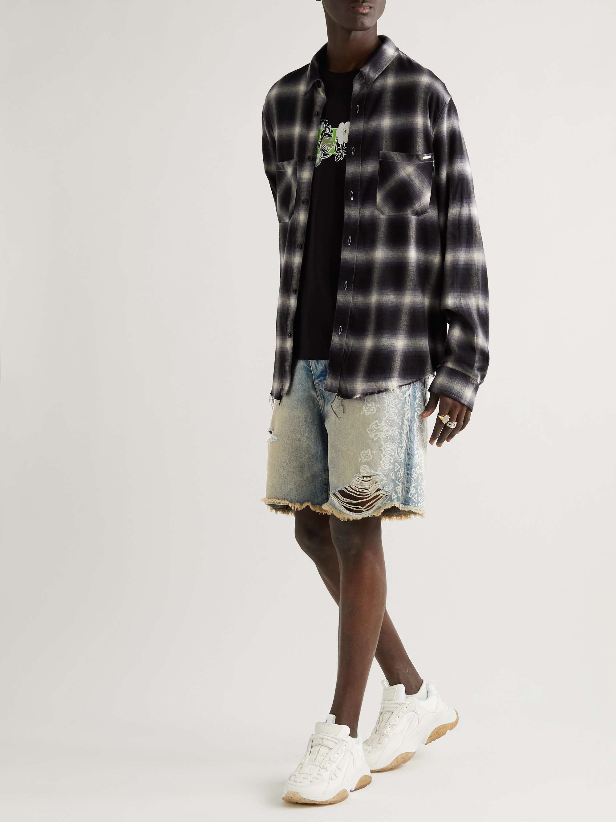 AMIRI Straight-Leg Paisley-Print Distressed Denim Shorts