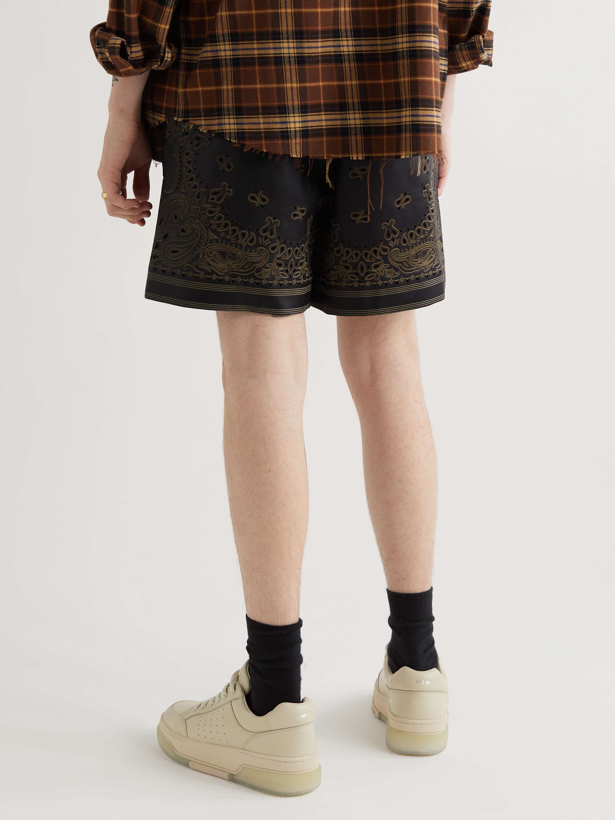 AMIRI Wide-Leg Laser-Cut Leather Drawstring Shorts