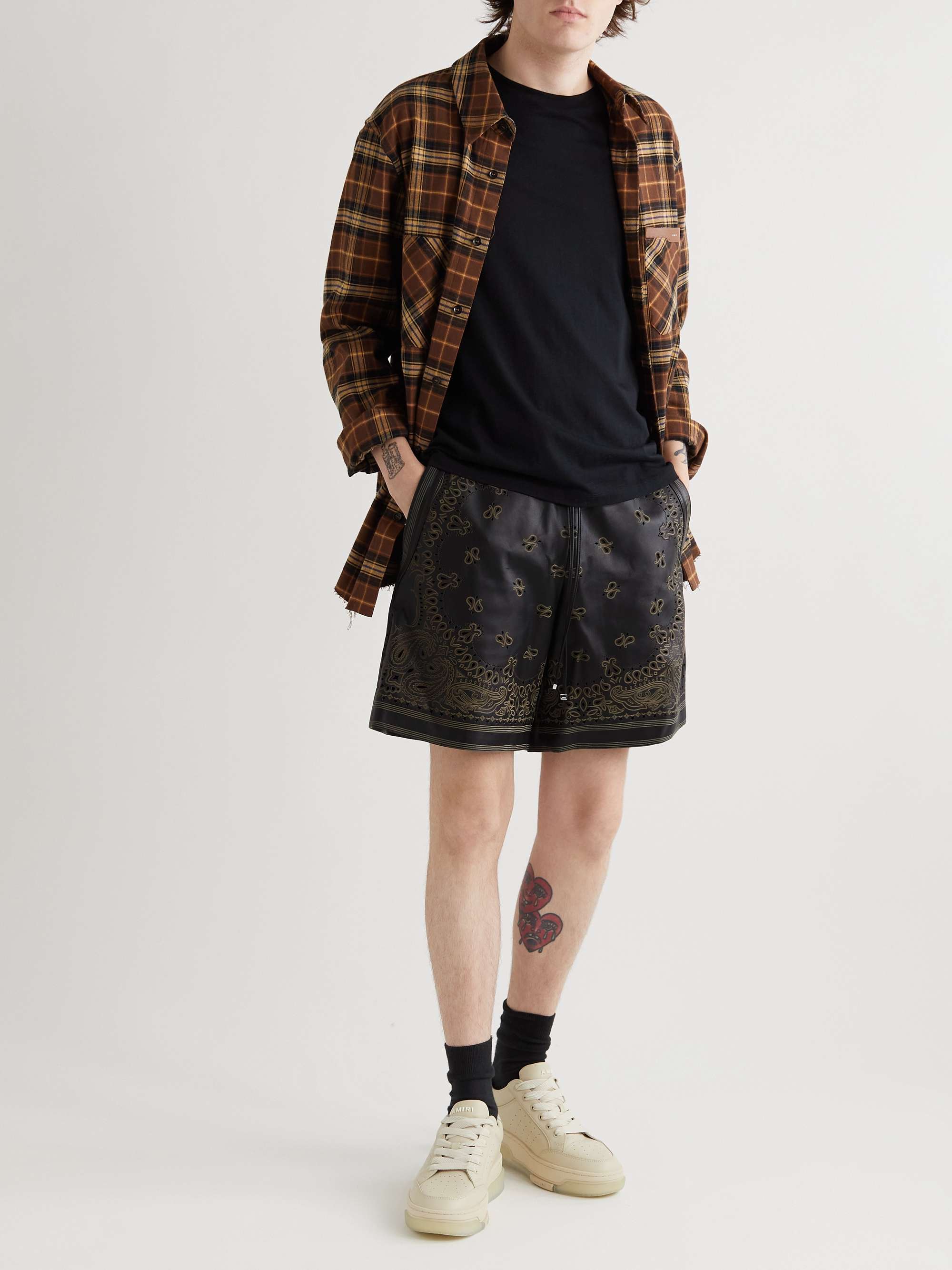 AMIRI Wide-Leg Laser-Cut Leather Drawstring Shorts