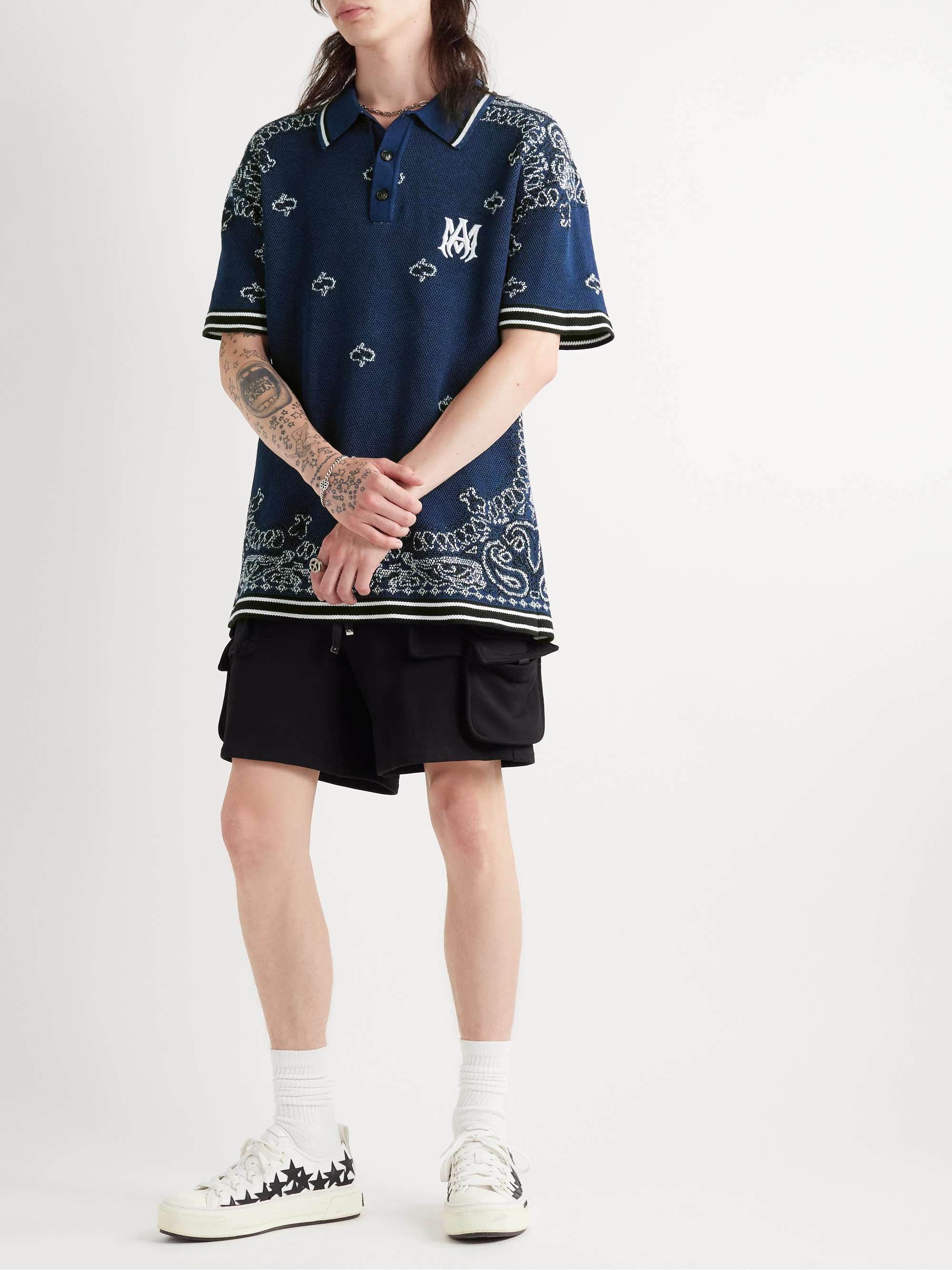 AMIRI Logo-Embroidered Crocheted Cotton and Cashmere-Blend Polo Shirt