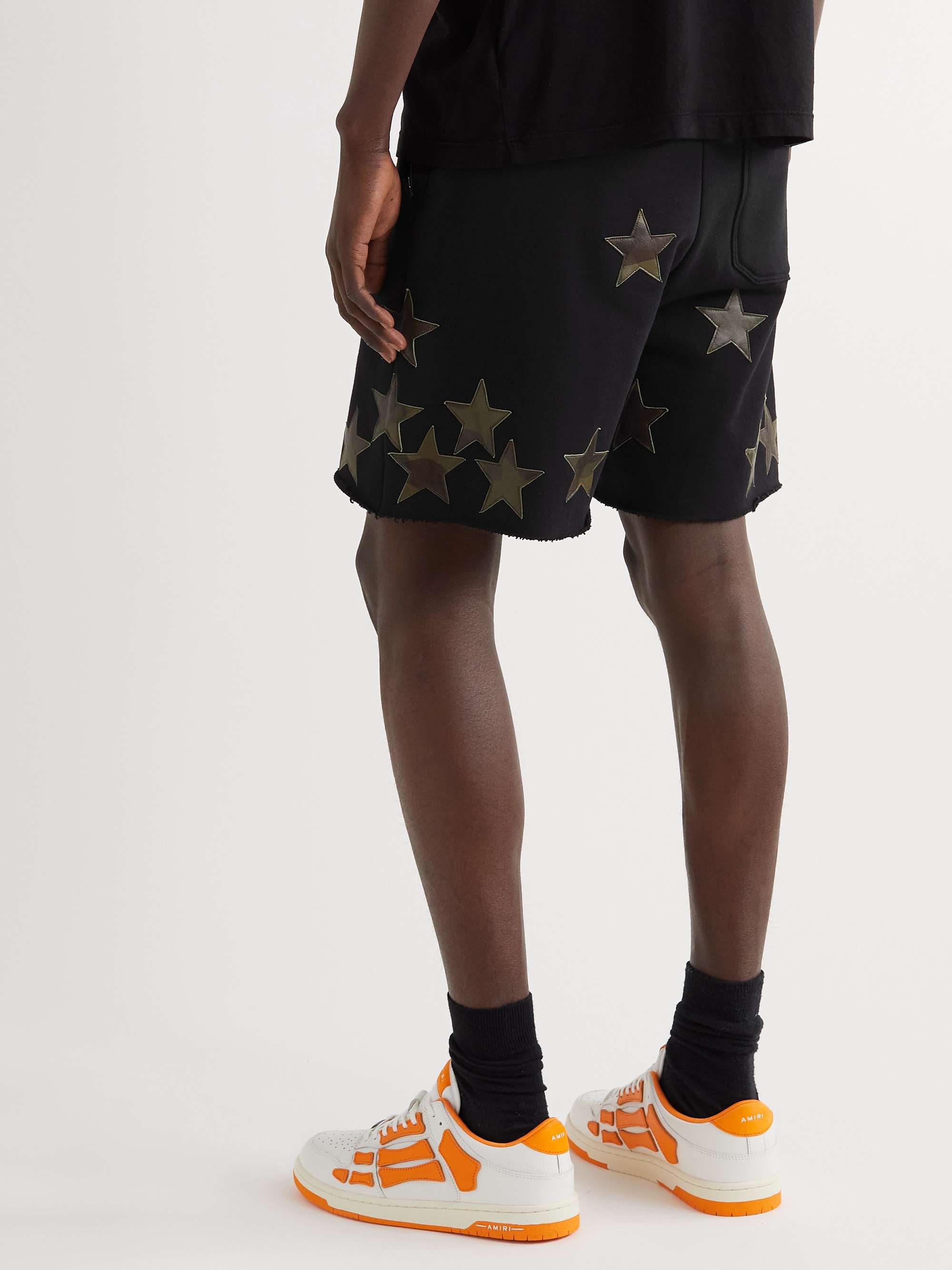 AMIRI Camouflage-Print Leather-Appliquéd Cotton-Jersey Drawstring Shorts