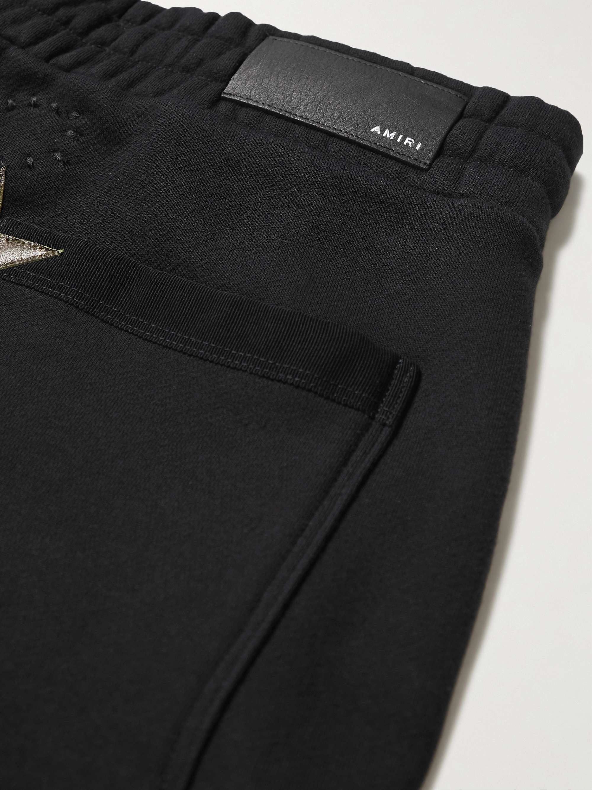 AMIRI Camouflage-Print Leather-Appliquéd Cotton-Jersey Drawstring Shorts