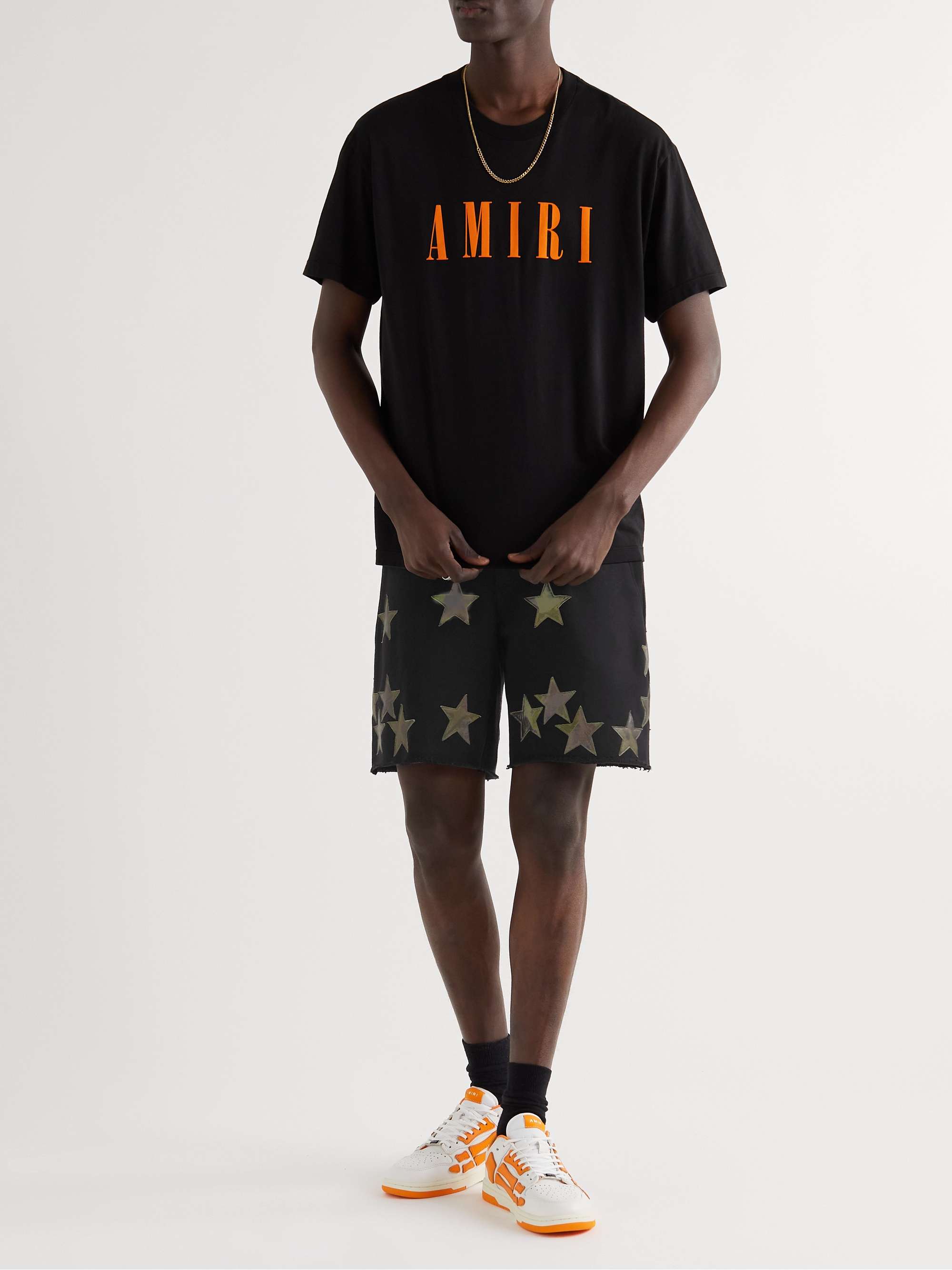 AMIRI Camouflage-Print Leather-Appliquéd Cotton-Jersey Drawstring Shorts
