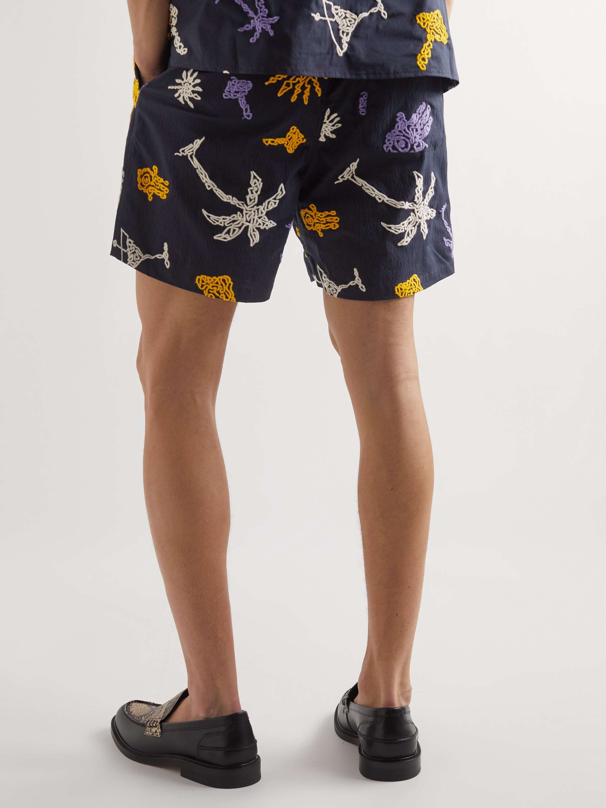 A KIND OF GUISE Volta Straight-Leg Embroidered Cotton-Blend Seersucker Drawstring Shorts