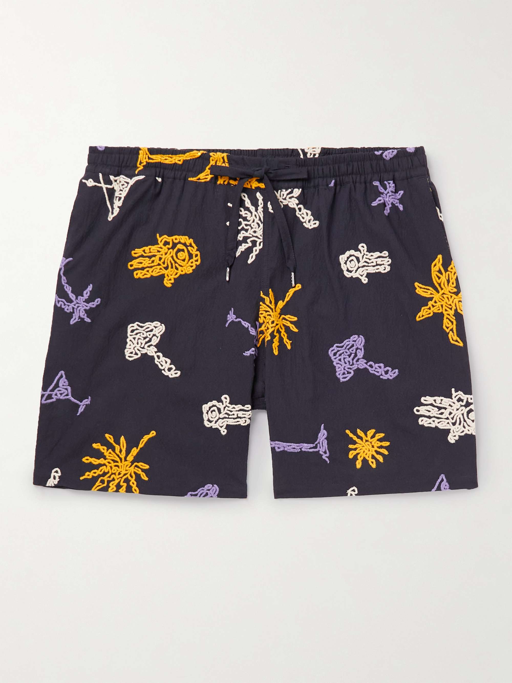 A KIND OF GUISE Volta Straight-Leg Embroidered Cotton-Blend Seersucker Drawstring Shorts