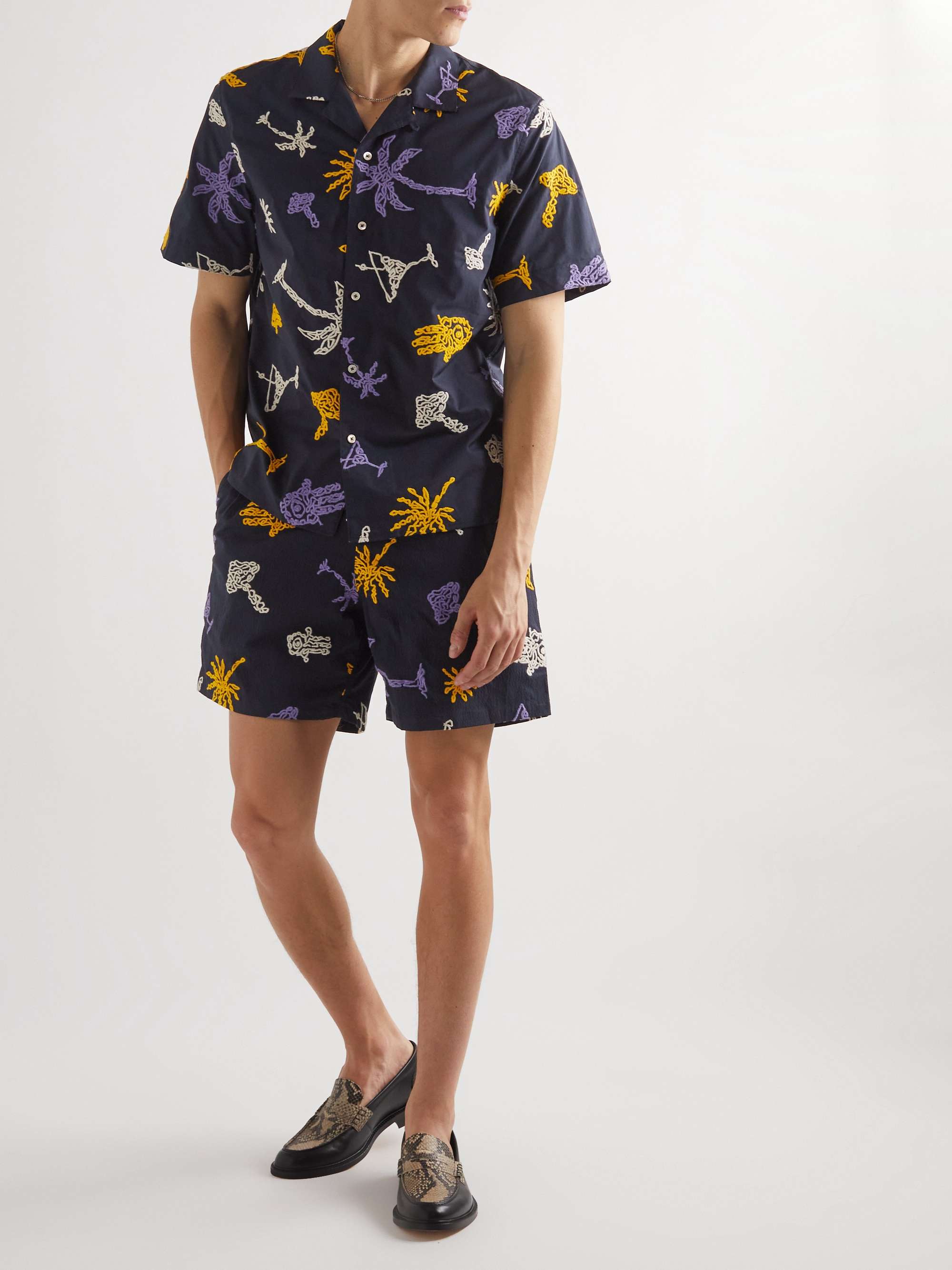 A KIND OF GUISE Volta Straight-Leg Embroidered Cotton-Blend Seersucker Drawstring Shorts