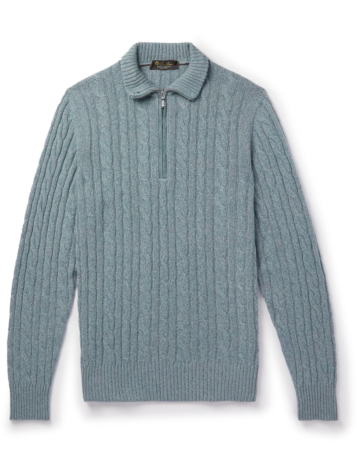 Loro Piana Suede-trimmed Cable-knit Baby Cashmere Half-zip Sweater In Blue