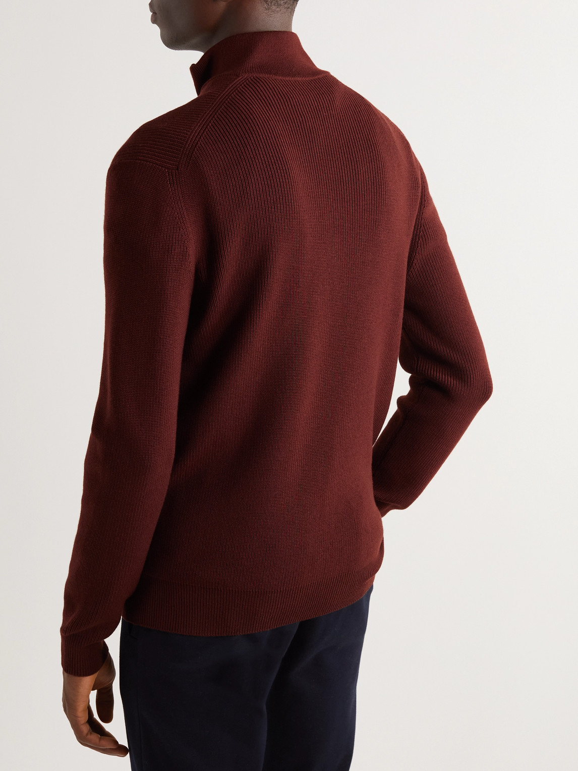 Shop Loro Piana Leather-trimmed Ribbed Wool Half-zip Sweatshirt In Burgundy