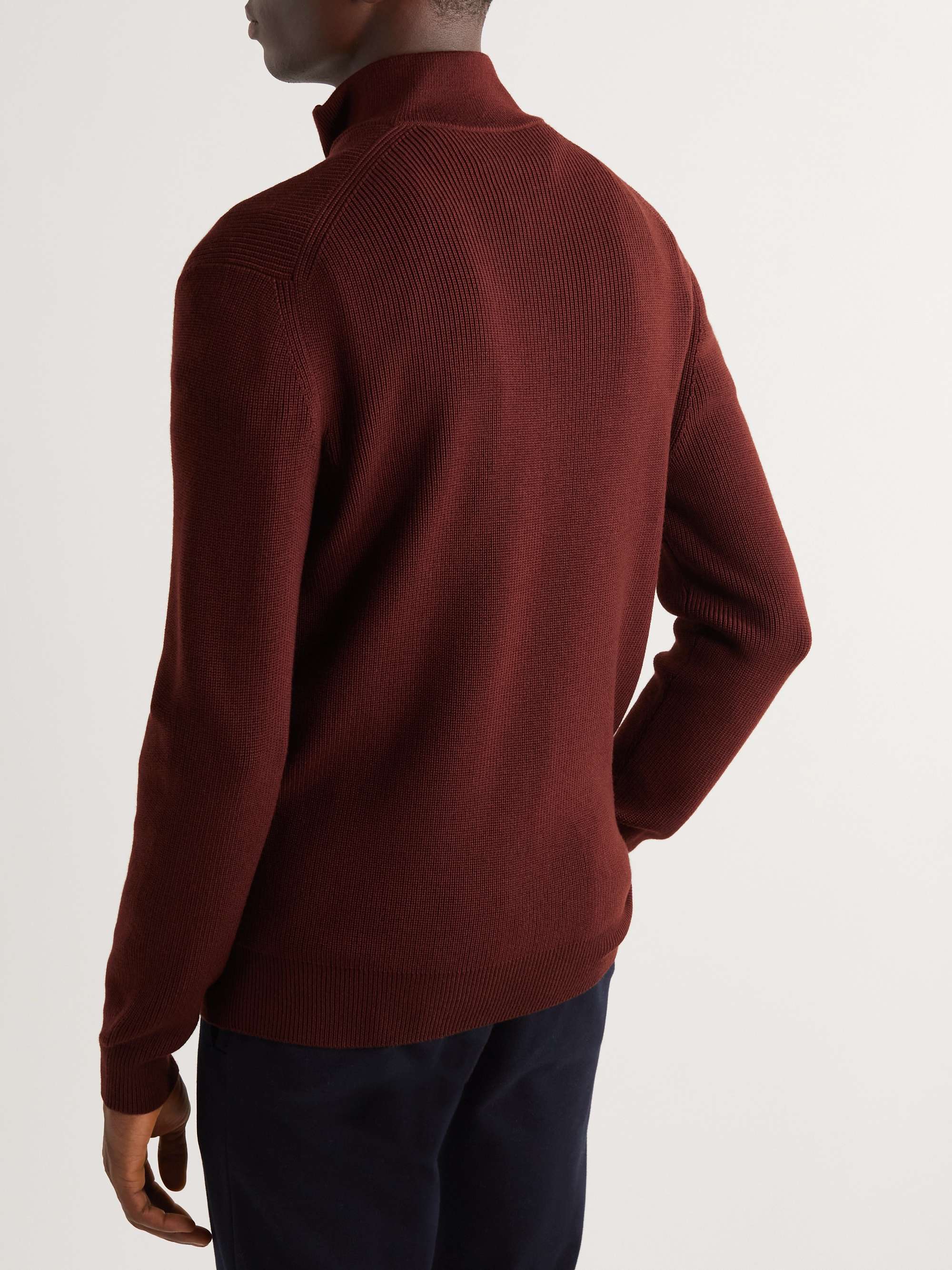 LORO PIANA Leather-Trimmed Ribbed Wool Half-Zip Sweatshirt