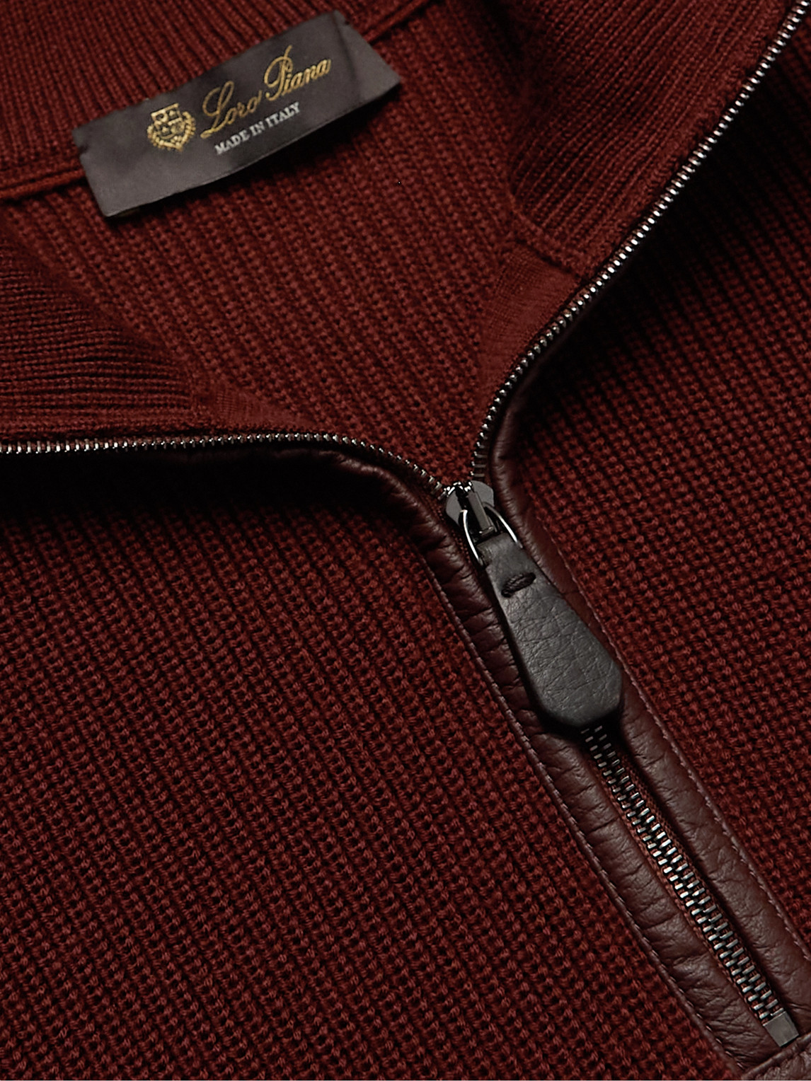 Shop Loro Piana Leather-trimmed Ribbed Wool Half-zip Sweatshirt In Burgundy