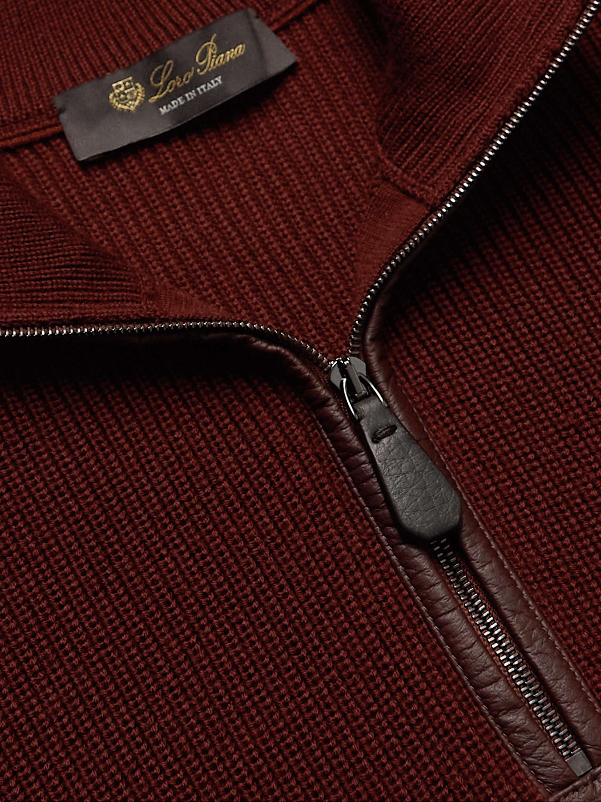 LORO PIANA Leather-Trimmed Ribbed Wool Half-Zip Sweatshirt