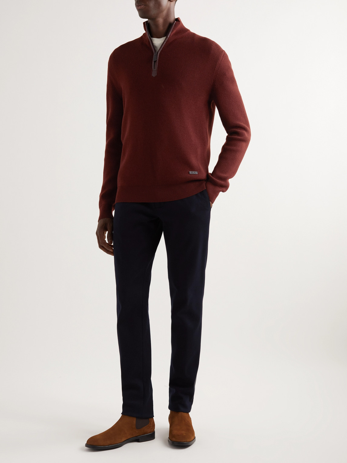 Shop Loro Piana Leather-trimmed Ribbed Wool Half-zip Sweatshirt In Burgundy