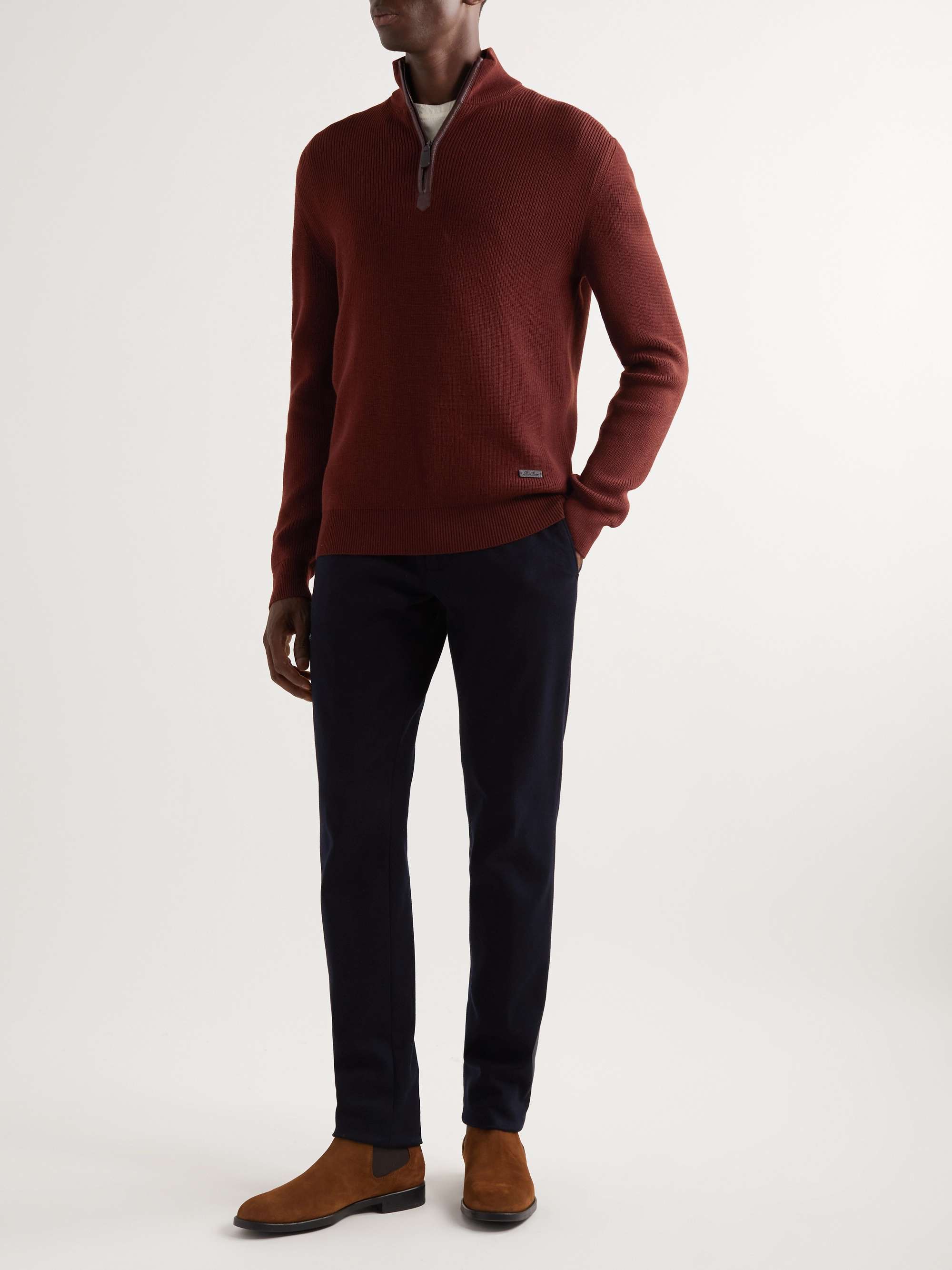 LORO PIANA Leather-Trimmed Ribbed Wool Half-Zip Sweatshirt