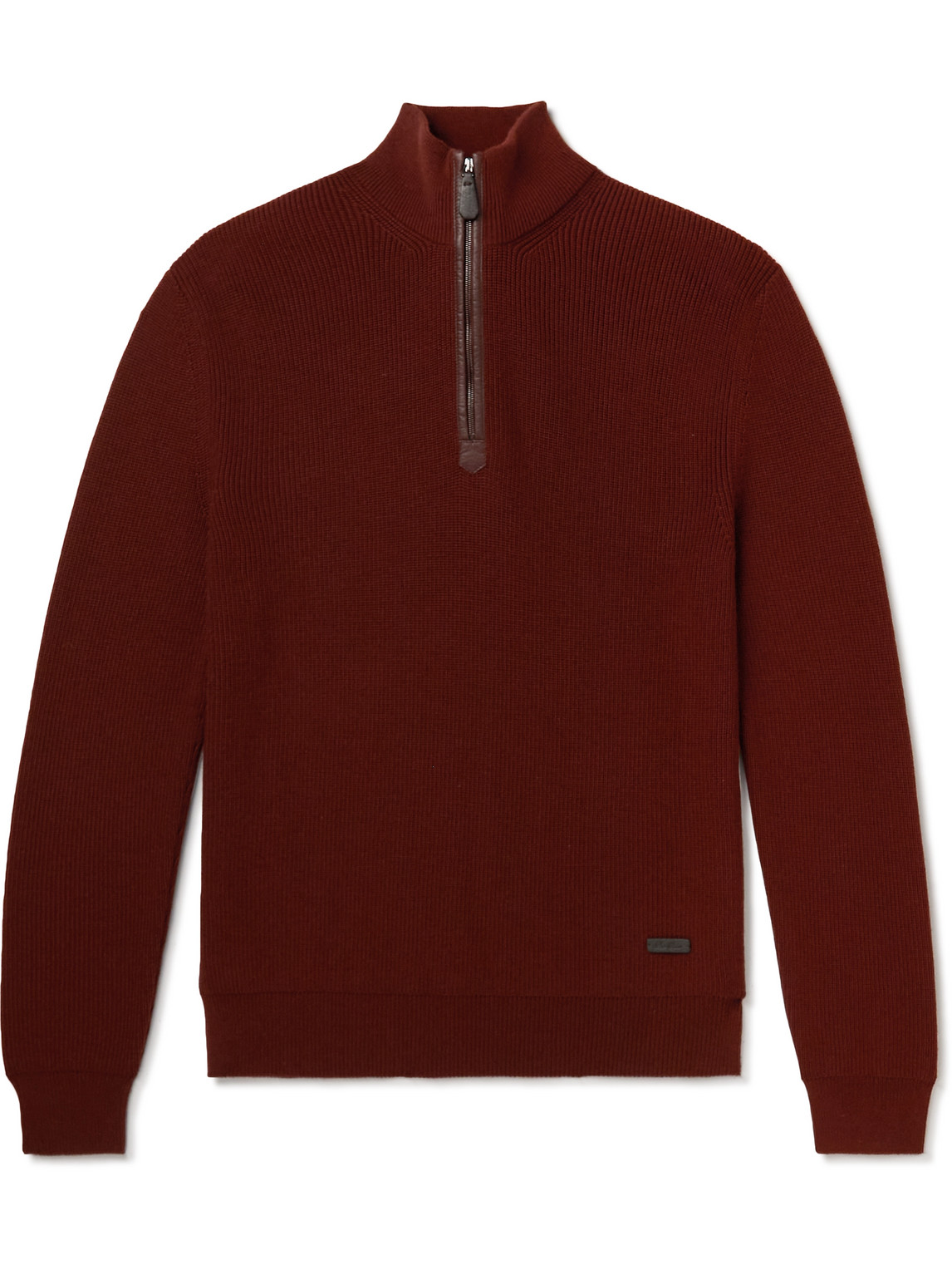Loro Piana Leather-trimmed Ribbed Wool Half-zip Sweatshirt In Burgundy